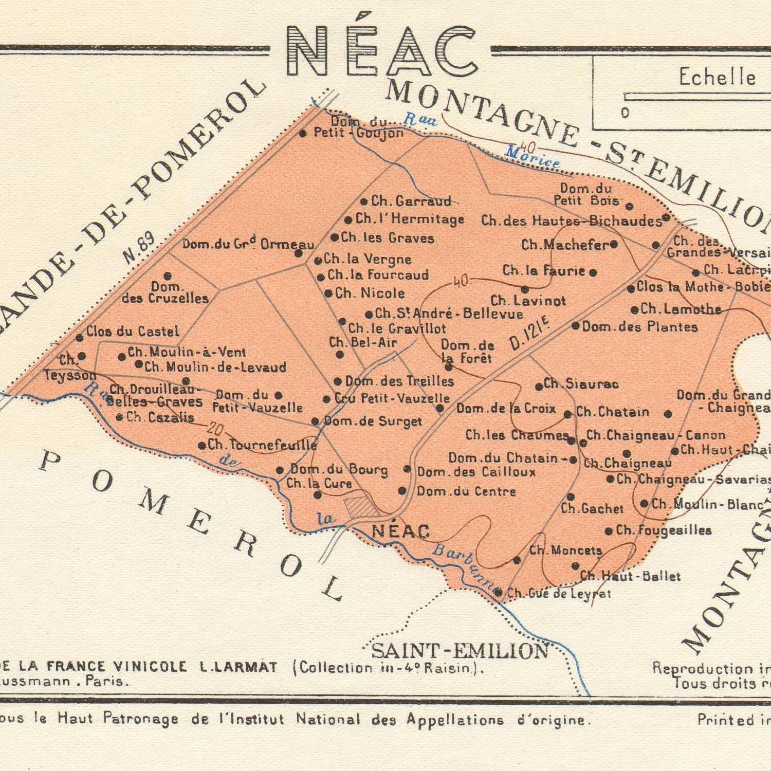 Map of vineyards in Néac, Montagne St-Emilion with labels and boundaries.
