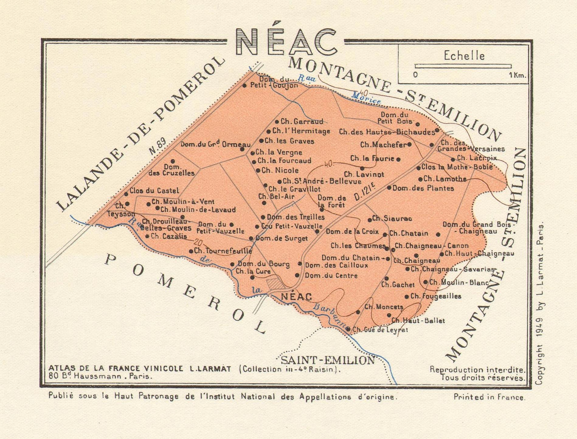 Vintage map of Saint-Emilion wine region with labels and boundaries.