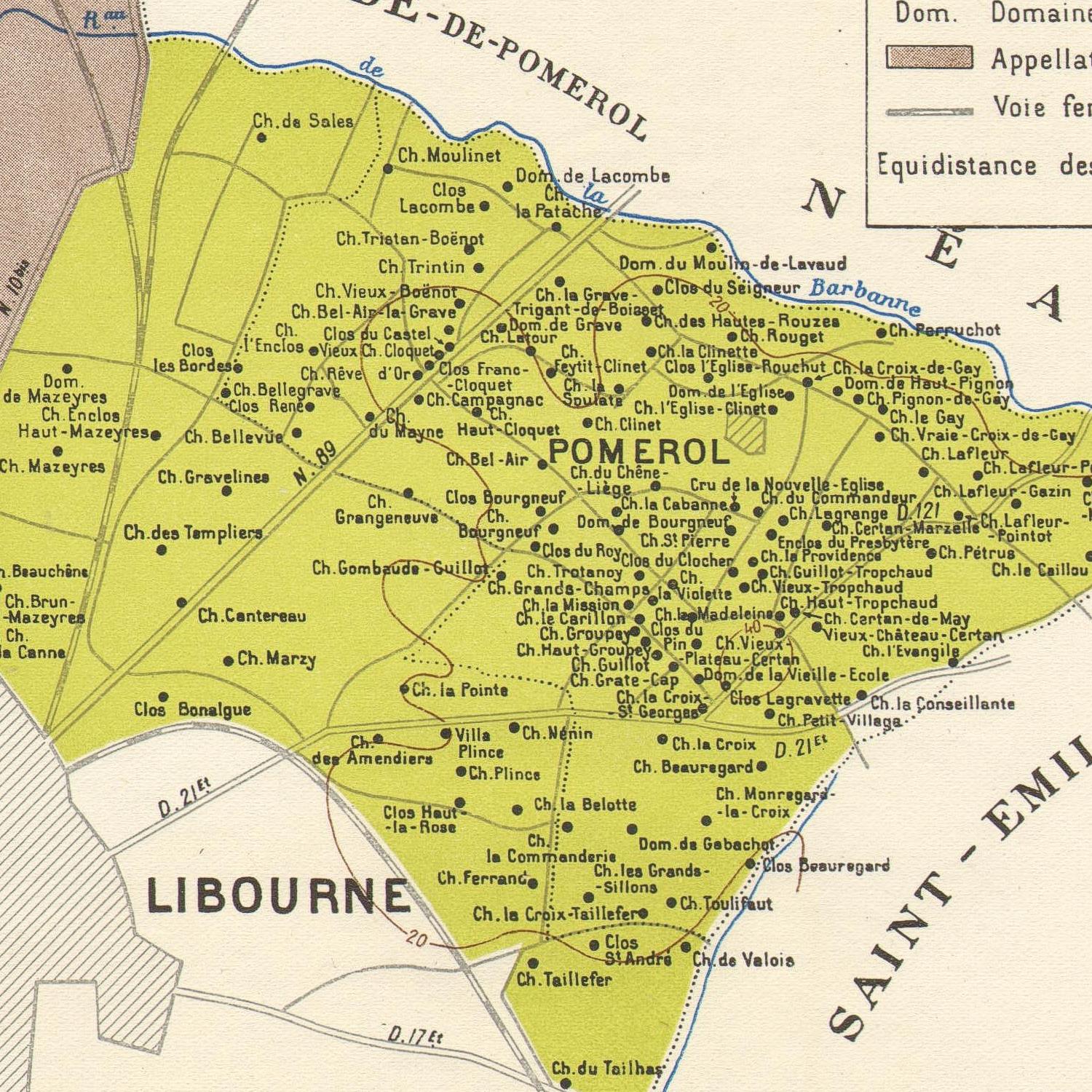 Vintage map of Pomerol and surrounding areas with labeled regions and roads.
