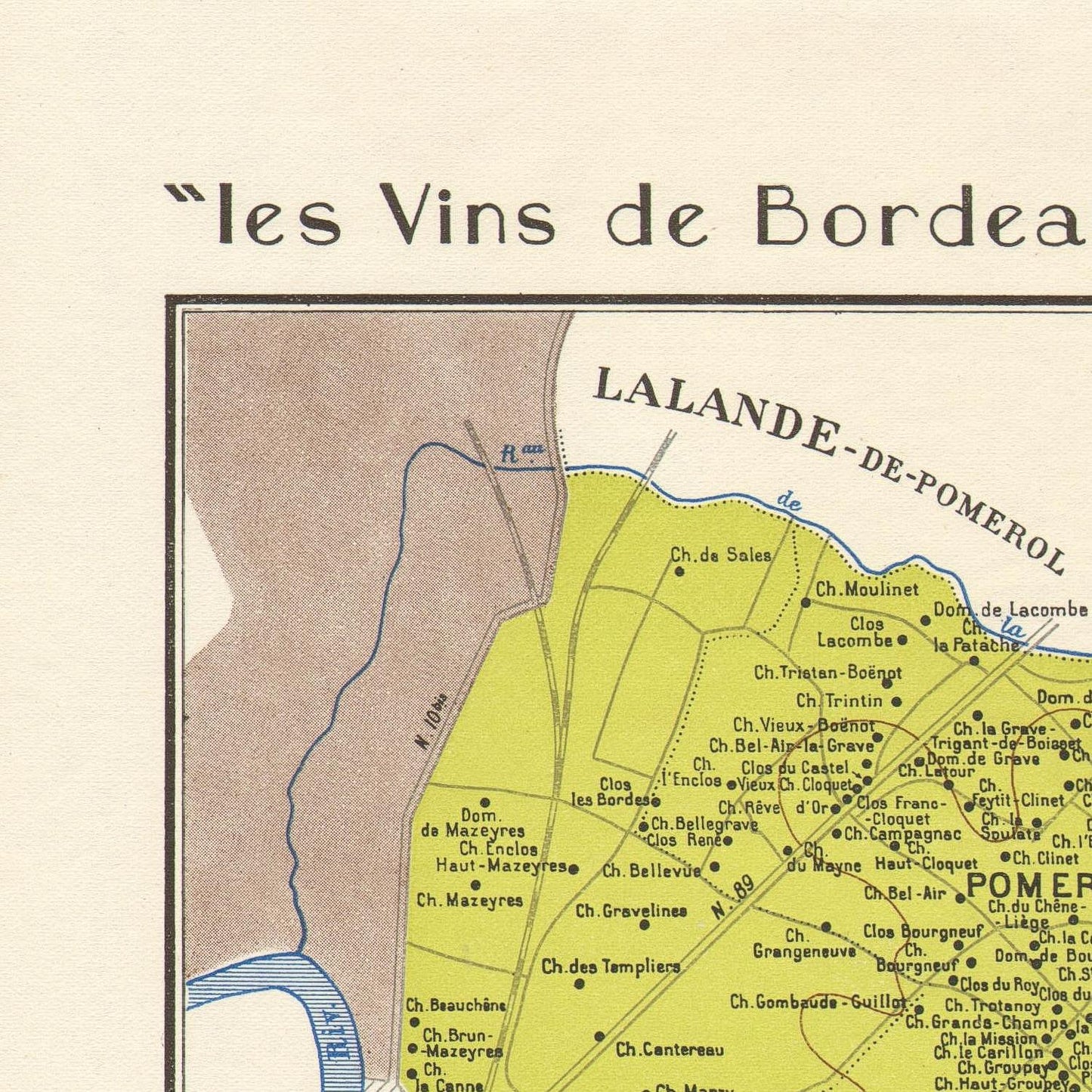 Vintage map of Bordeaux wine regions with labels and names.