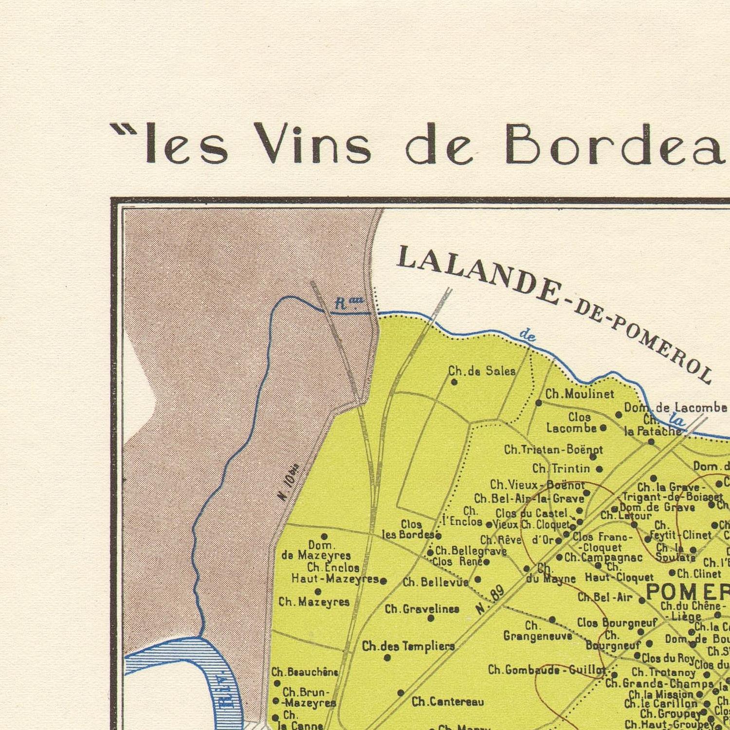 Vintage map of Bordeaux wine regions with labels and names.