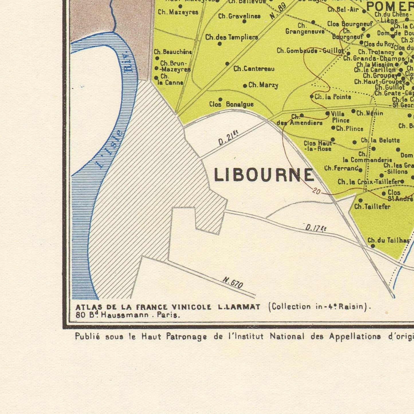 Vintage map of Libourne with labeled regions and roads