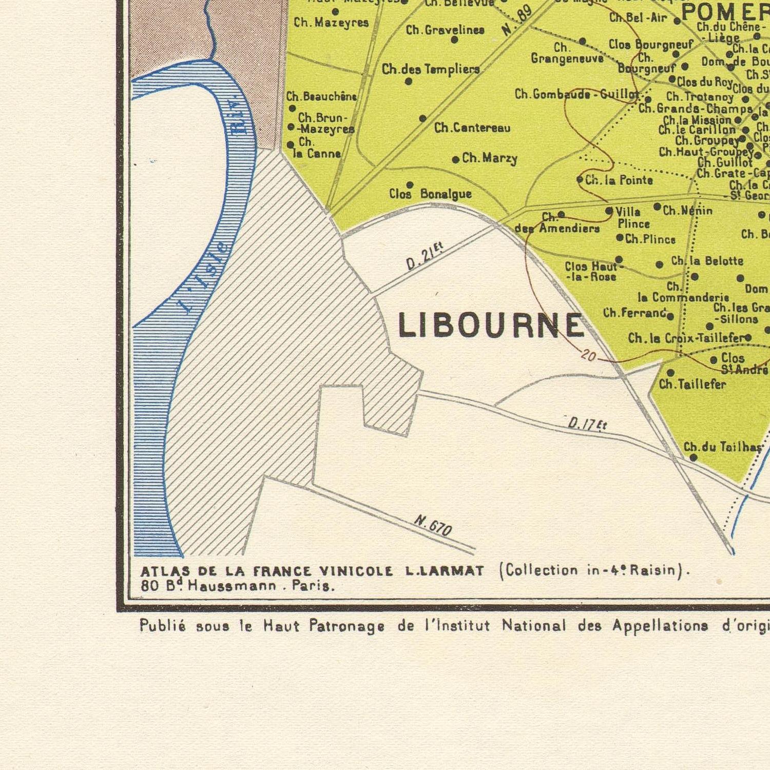 Vintage map of Libourne with labeled regions and roads