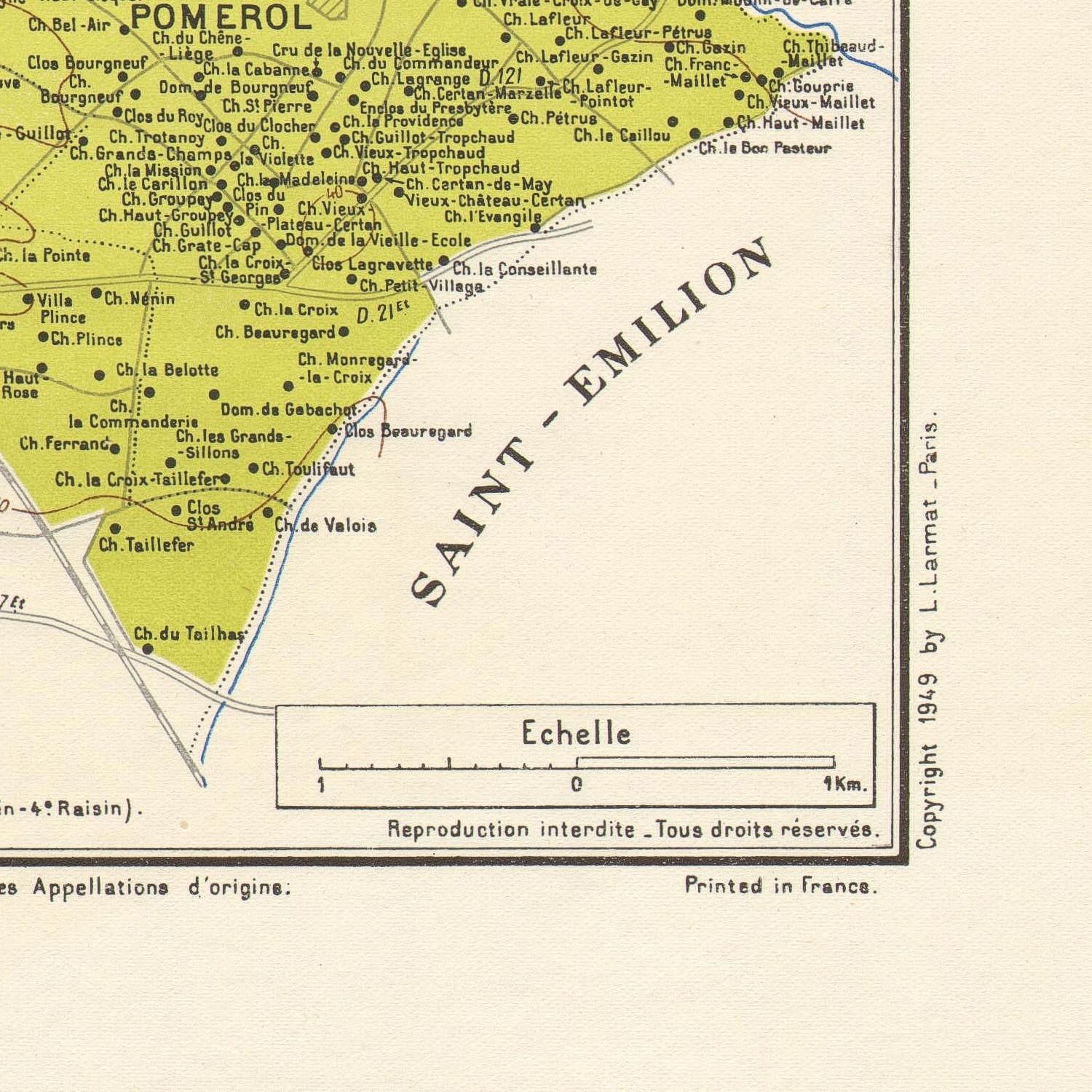 Map of Saint-Emilion and Pomerol wine regions with labels and a scale.