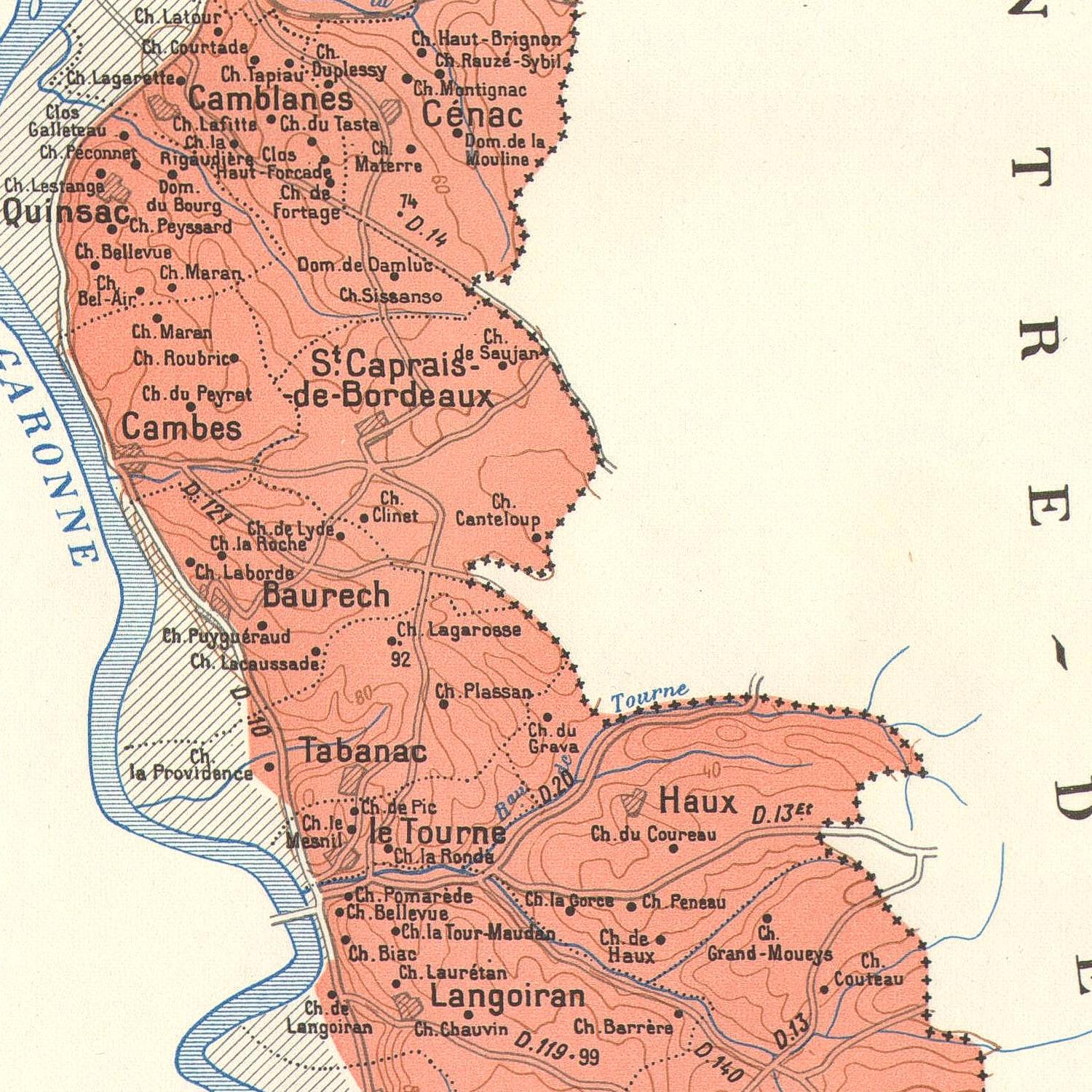 Map of a region with labeled areas and a river, featuring a vintage style.