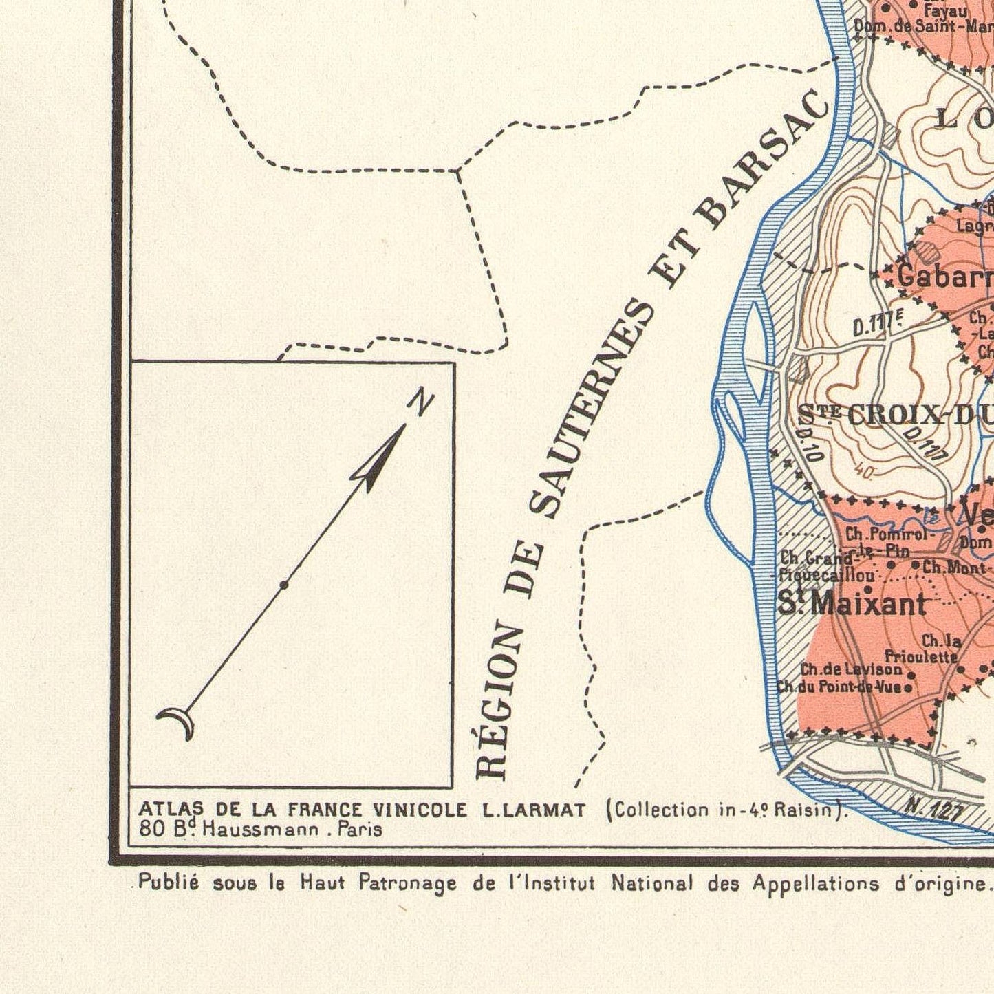 Vintage map of a region with labeled areas and a compass, featuring text and color coding.