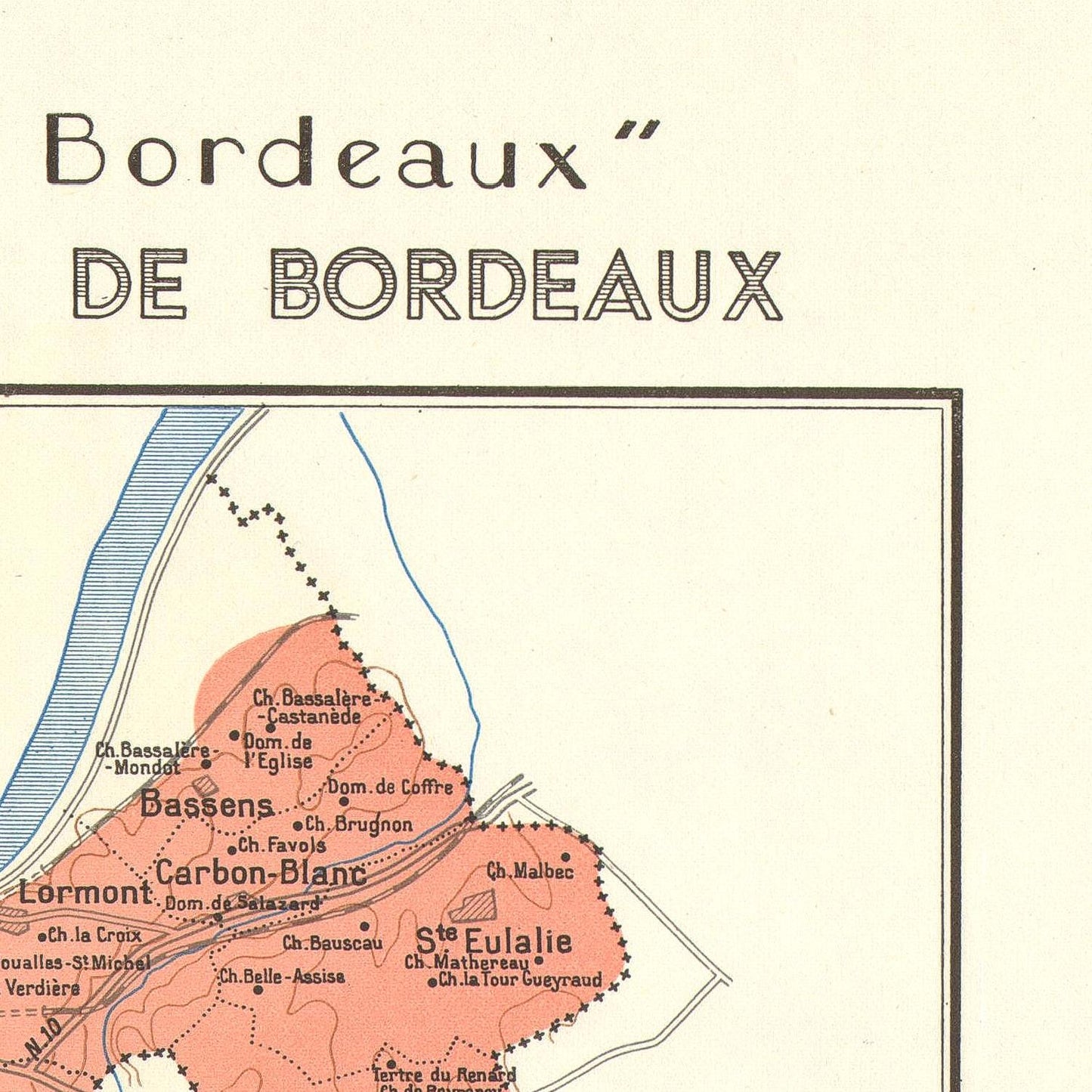 Map of Bordeaux with labeled areas on a beige background