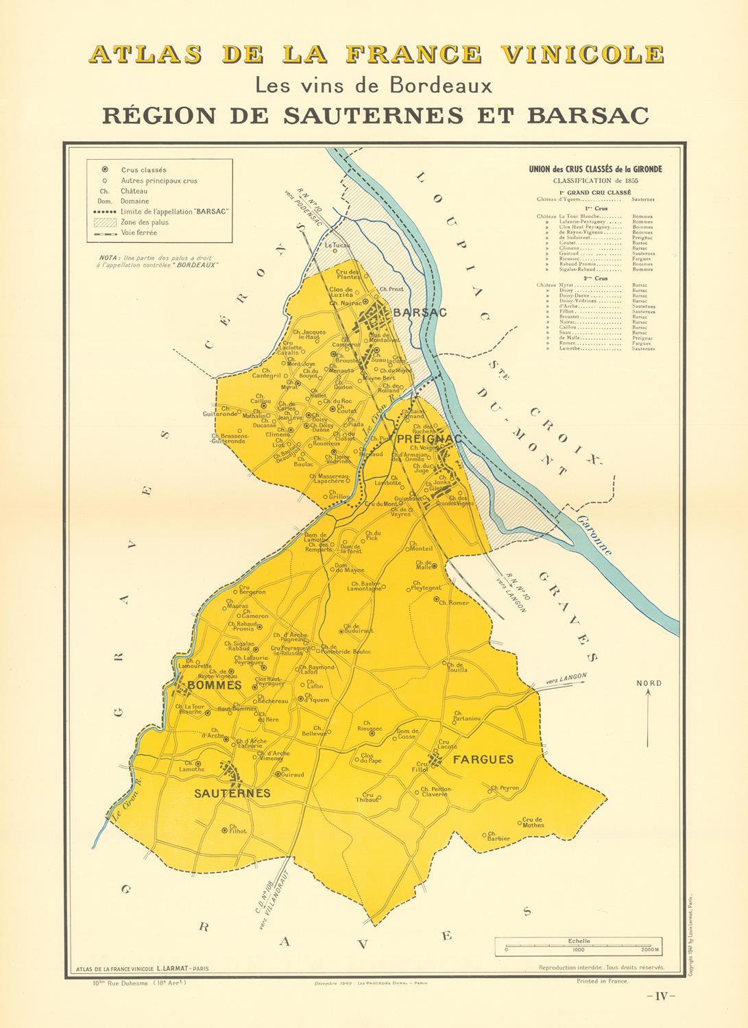 Map of Sauternes and Barsac regions in Bordeaux, France from Atlas de la France Vinicole.