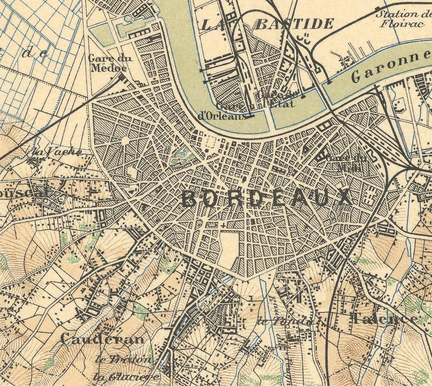 Vintage map of Bordeaux with detailed street layout and landmarks