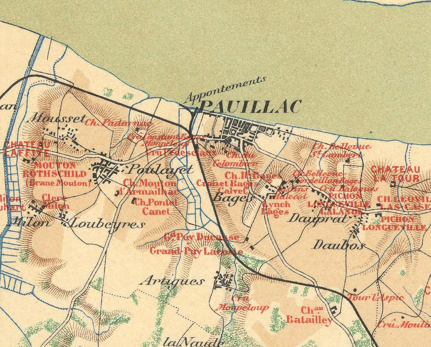 Vintage map of Pauillac and surrounding areas with labeled landmarks and roads.