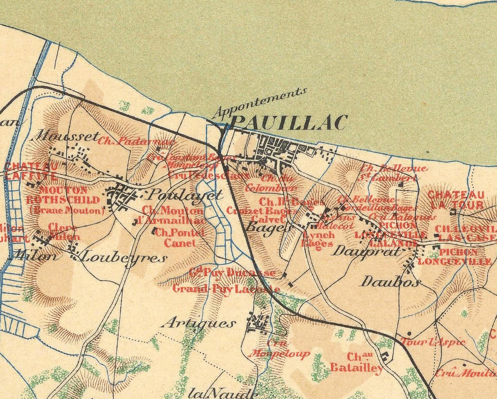 Vintage map of Pauillac and surrounding areas with labeled landmarks and roads.