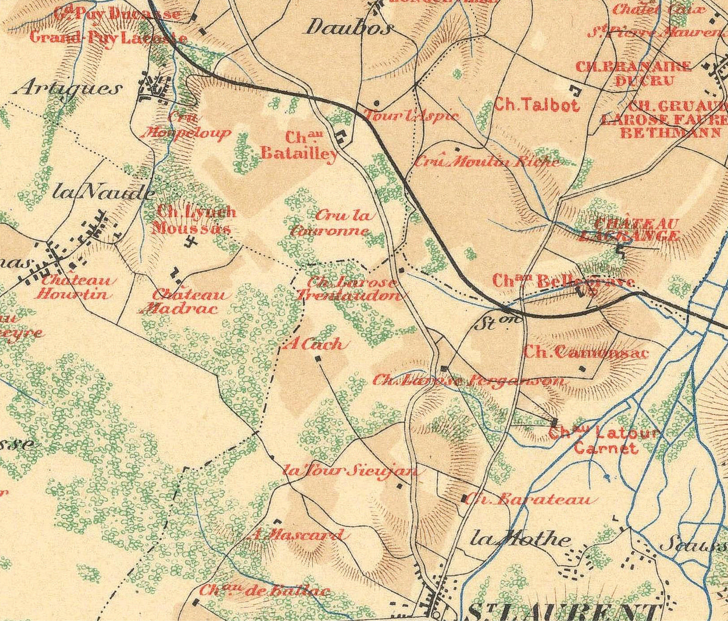 Old map with labeled geographical features and roads