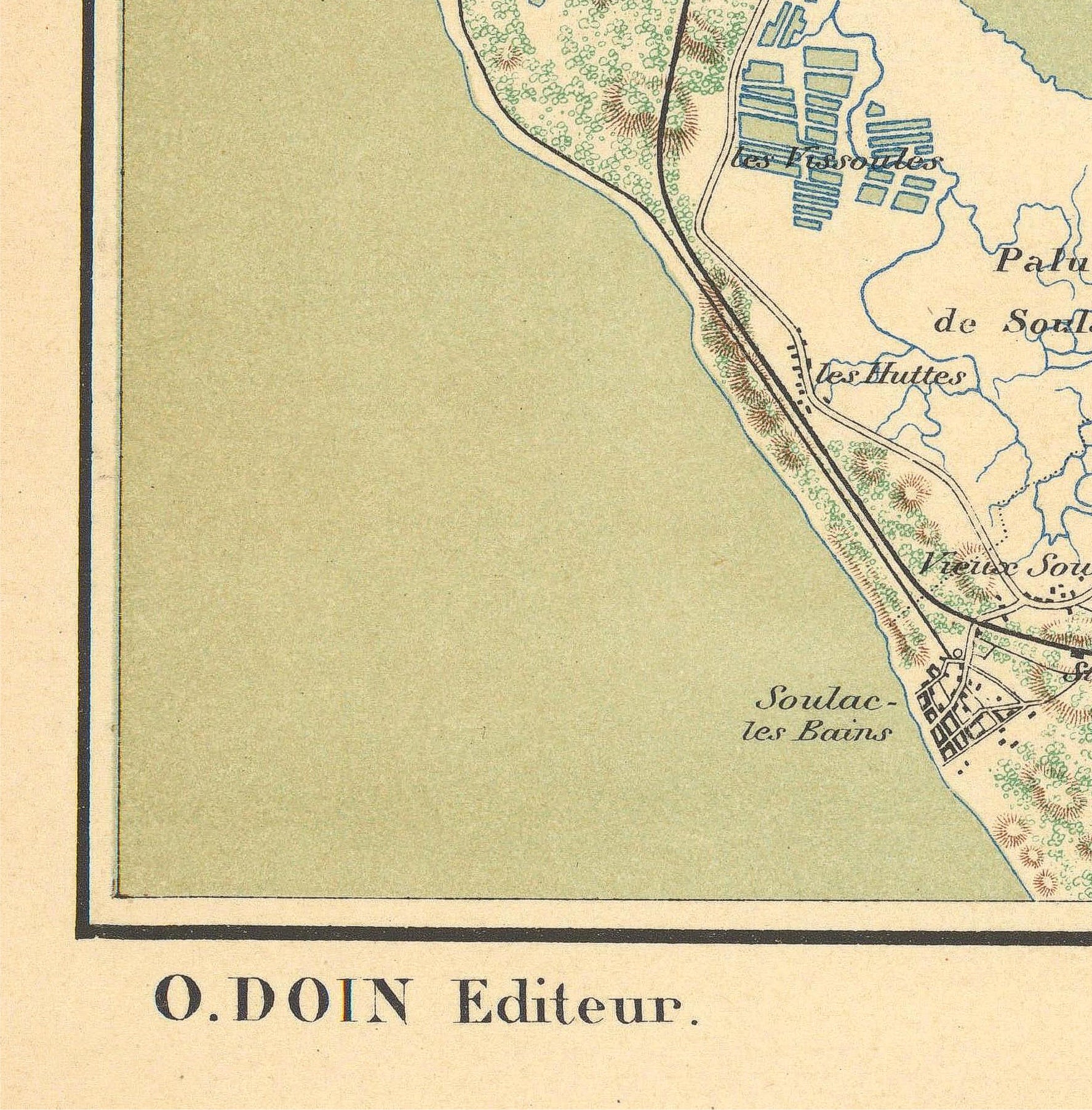 Vintage map with labeled areas and a brand name at the bottom.