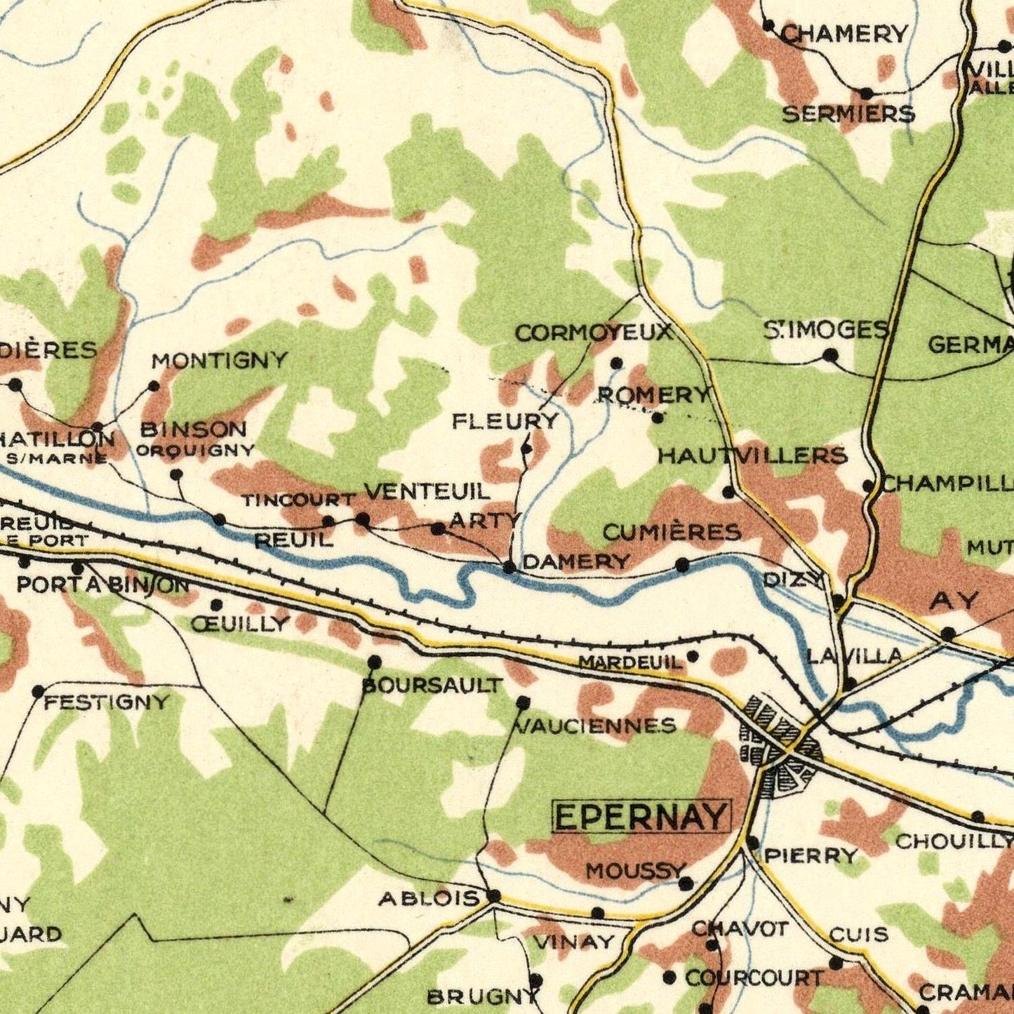 Map of Epernay and surrounding areas with labeled towns and roads.