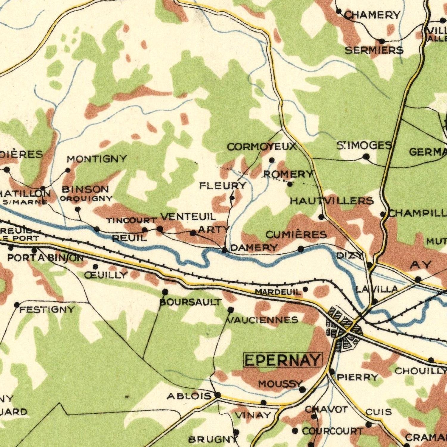 Map of Epernay and surrounding areas with labeled towns and roads.