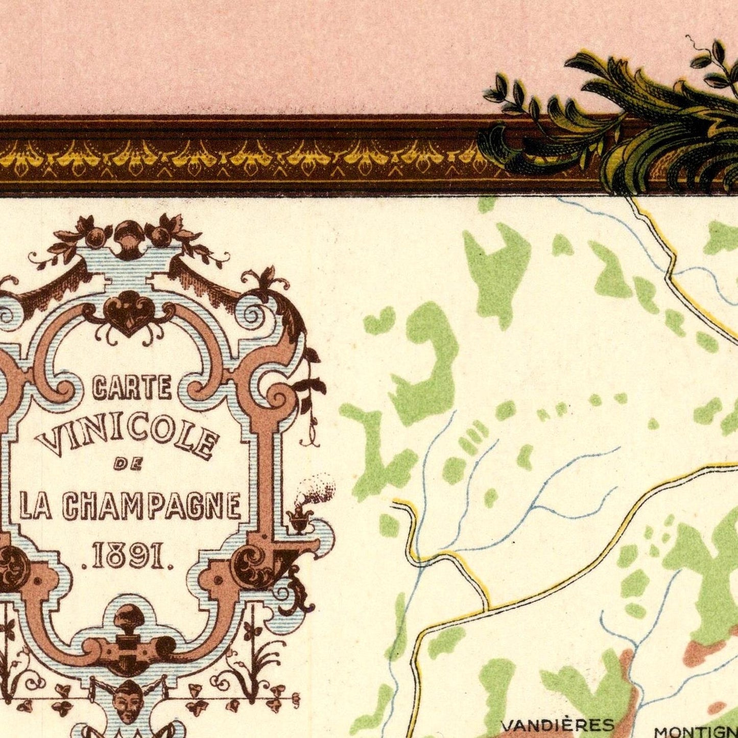 Vintage map of Champagne with decorative title text, 1891.
