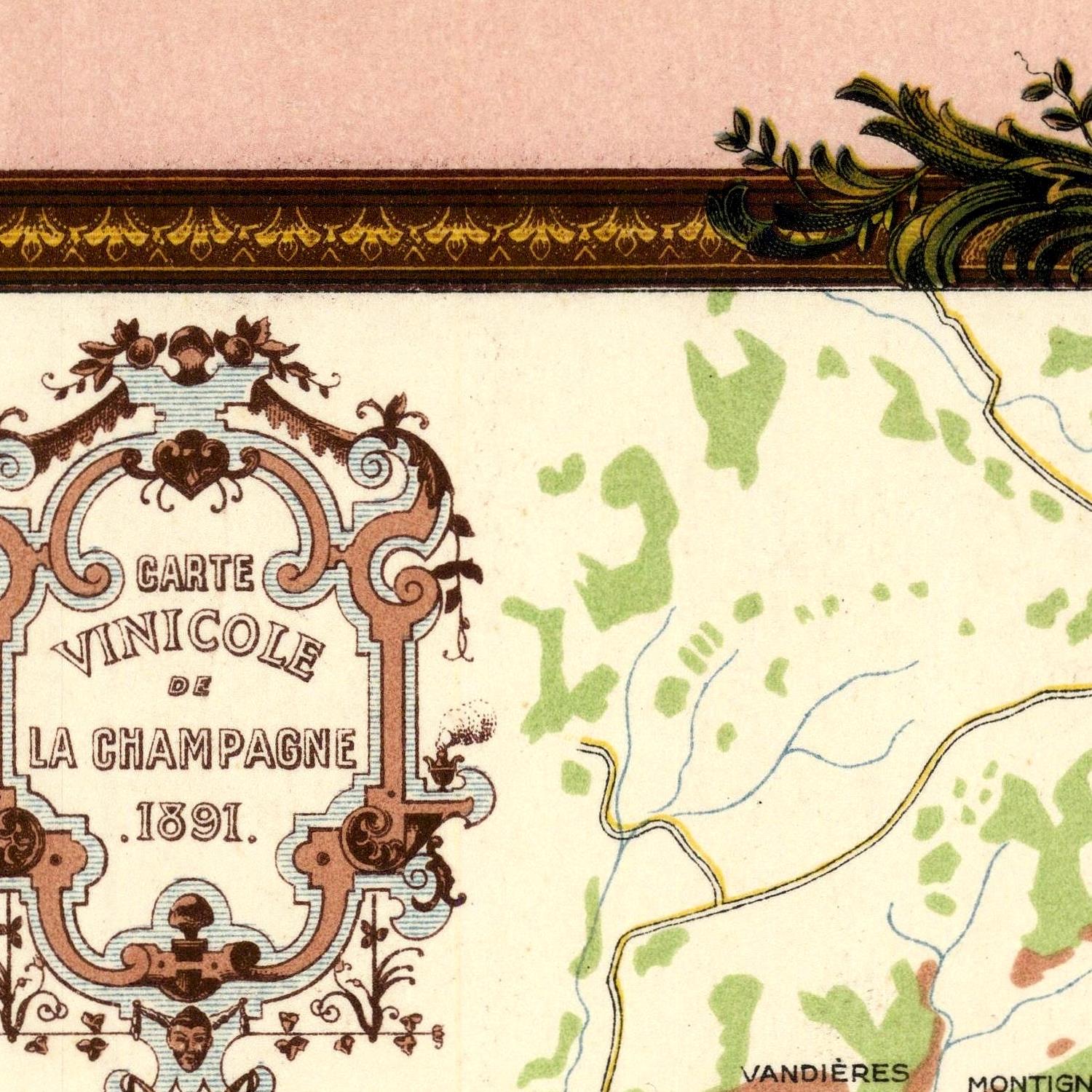Vintage map of Champagne with decorative title text, 1891.