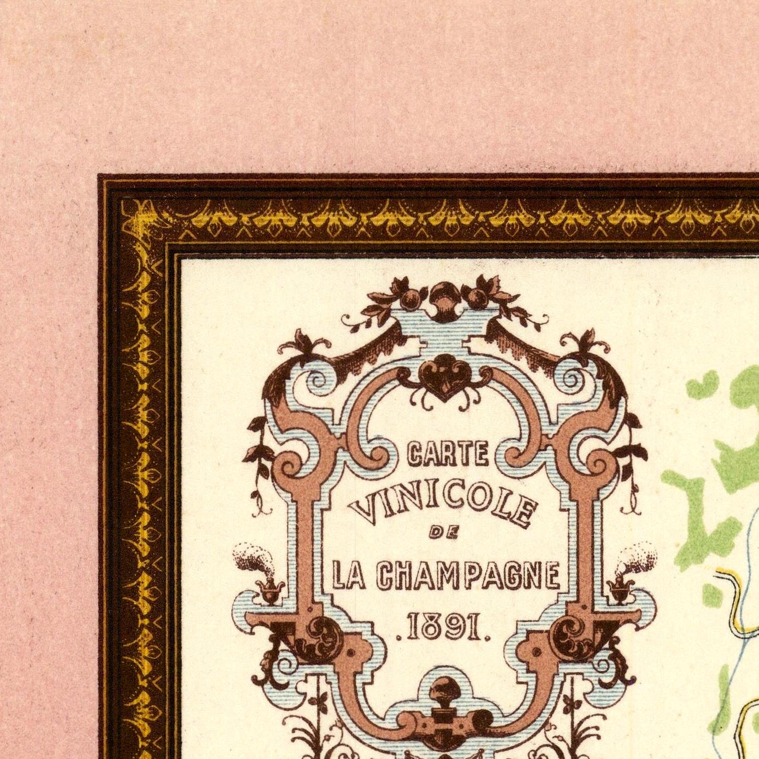 Decorative vintage-style map of Champagne with intricate border and text on a pink background