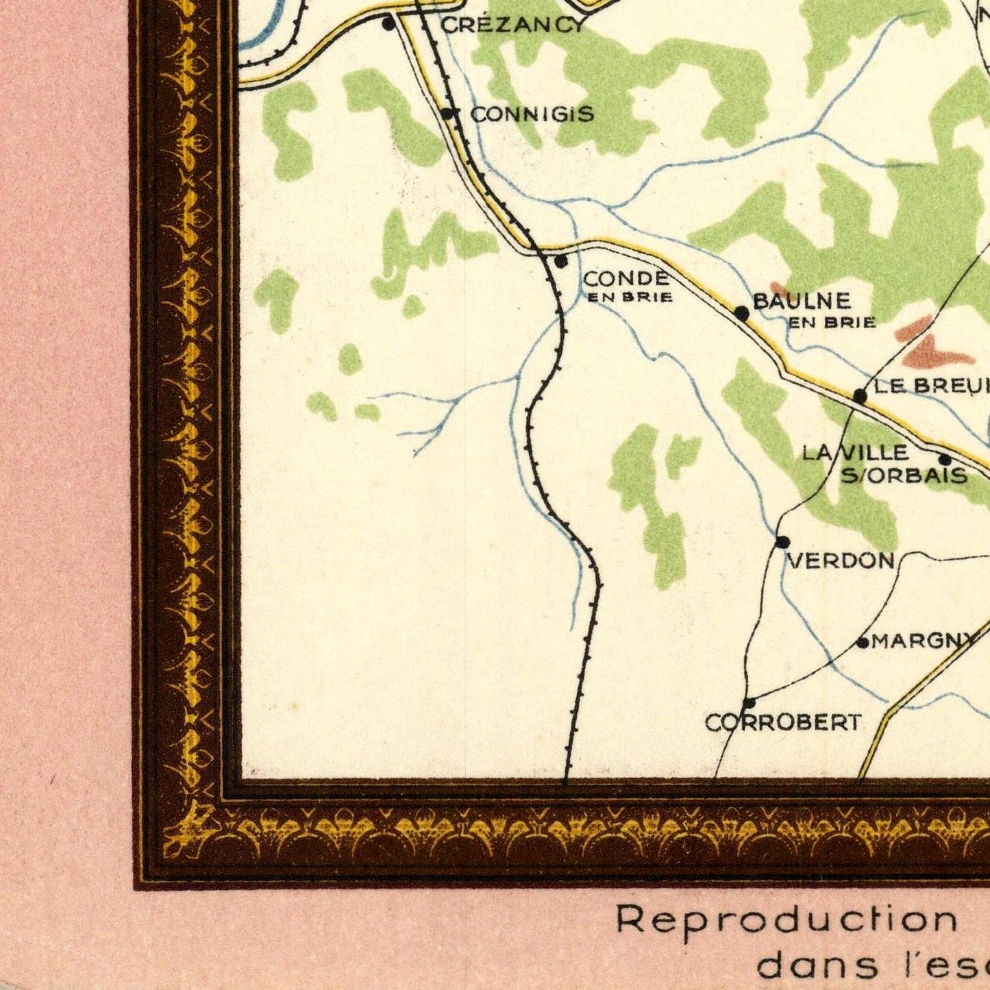 Vintage map with decorative border and text on a pink background