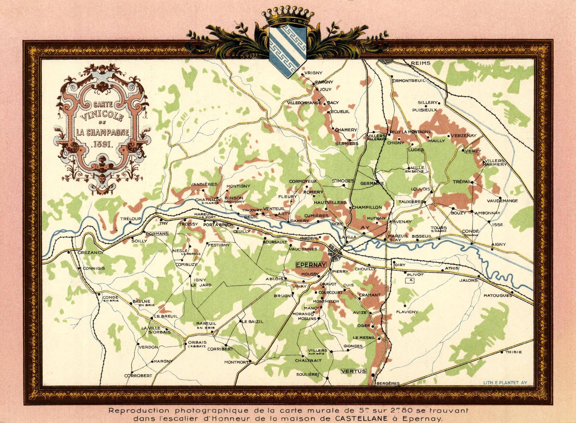 Vintage map with decorative border and text on a pink background