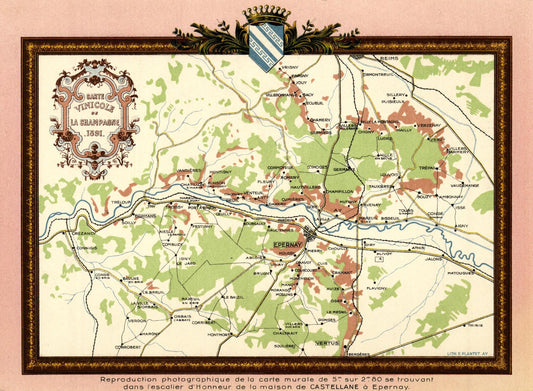 Vintage map with decorative border and text on a pink background