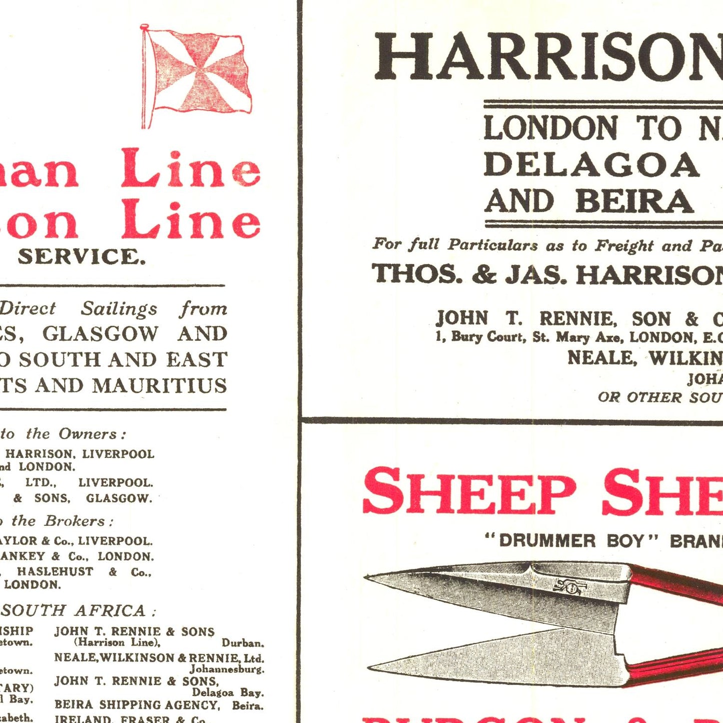 Vintage advertisement with text and a sheep shears illustration on a white background