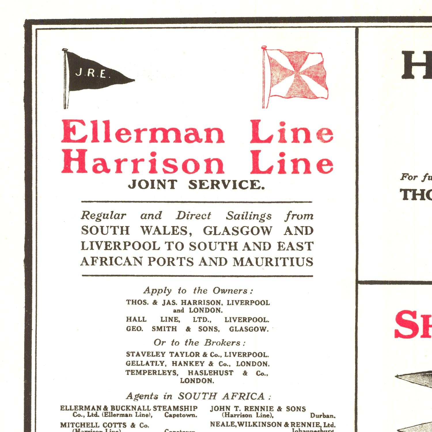 Advertisement for Ellerman Line and Harrison Line joint service with text and flags.