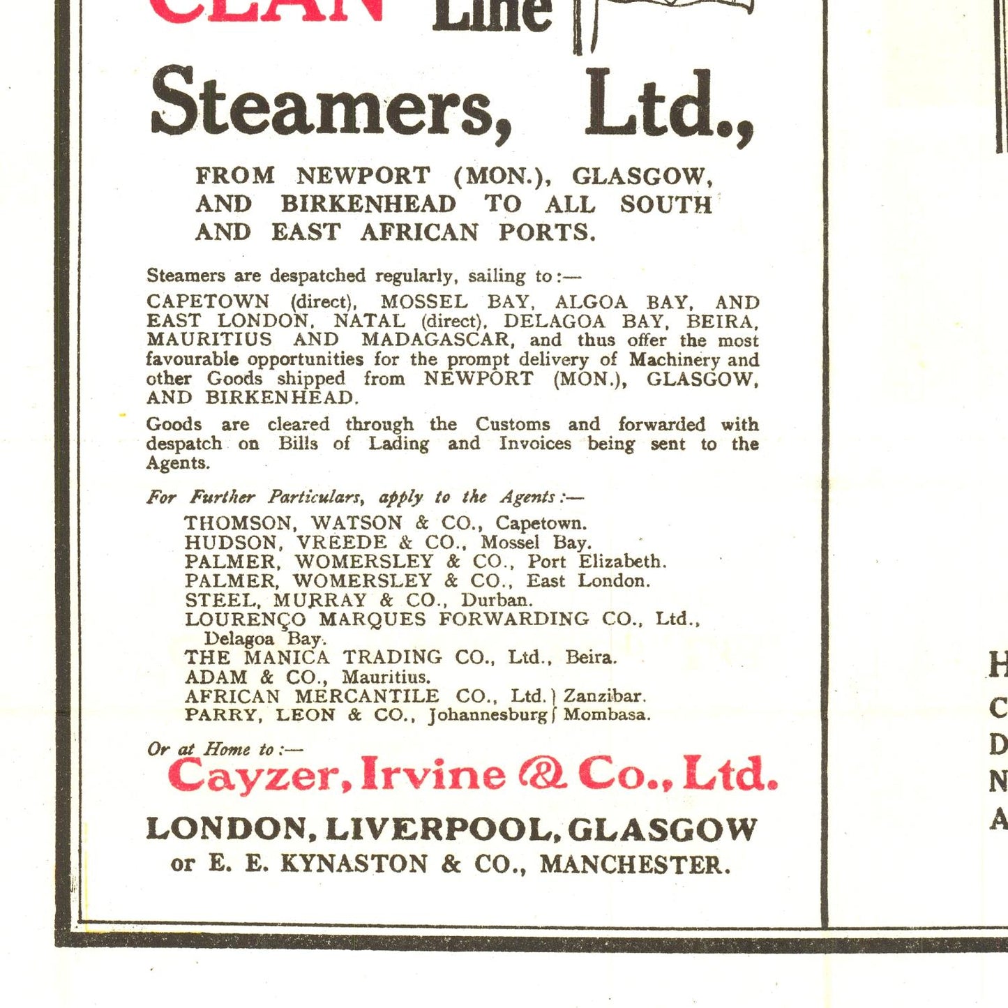 Vintage advertisement for Steamers, Ltd. with text and contact information.