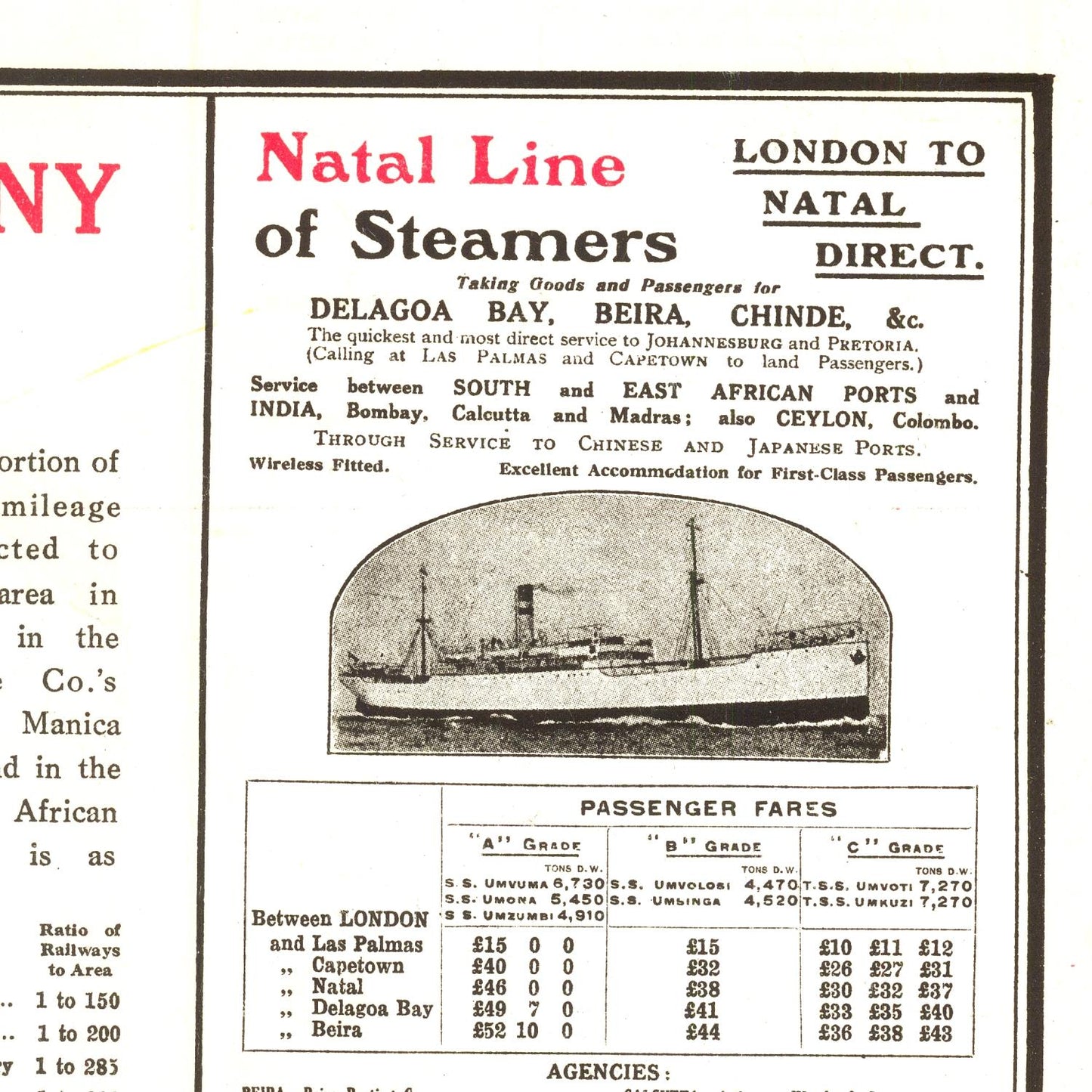 Advertisement for Natal Line of Steamers with a ship illustration and text about routes and fares.