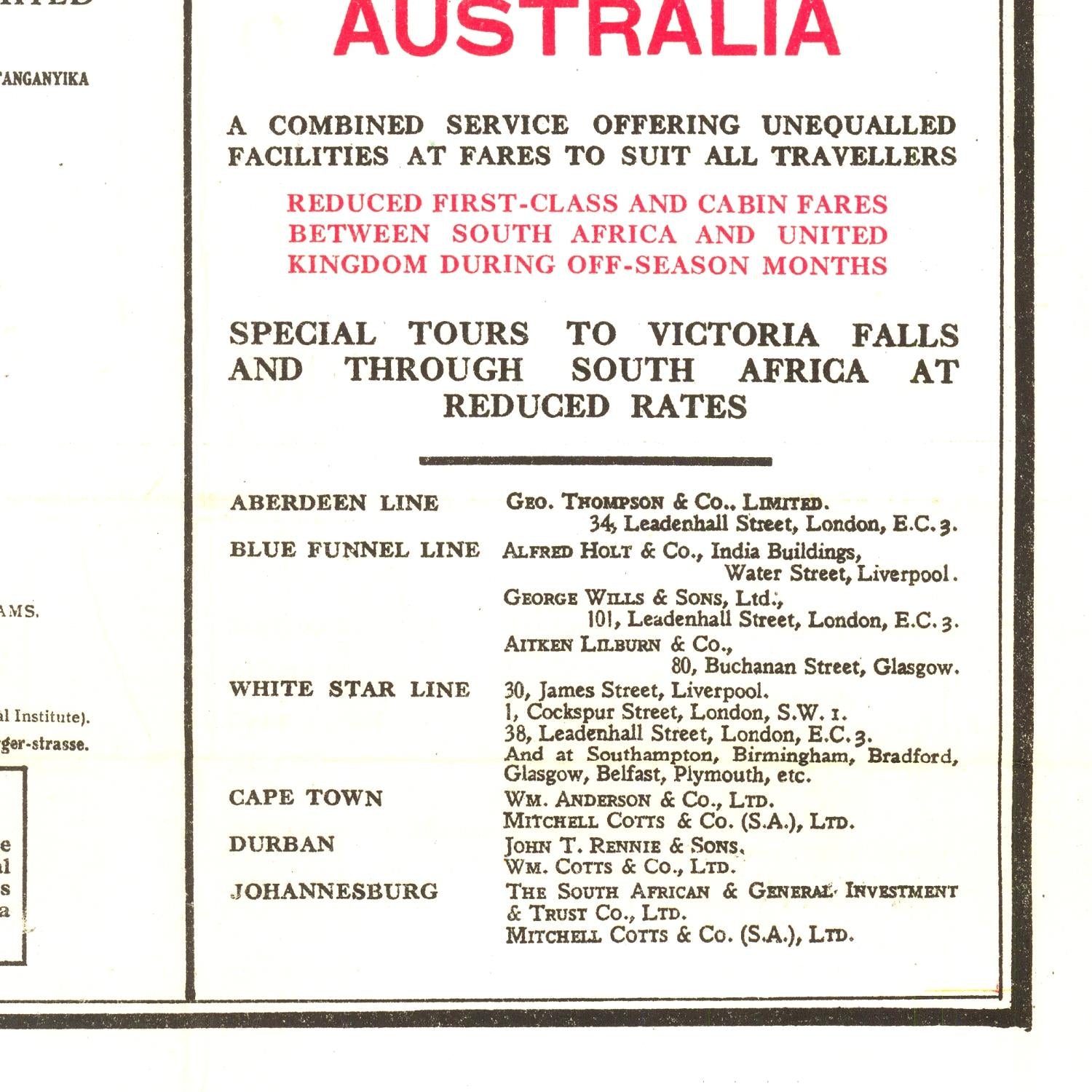 Vintage travel advertisement for Australia with contact information and promotional text.