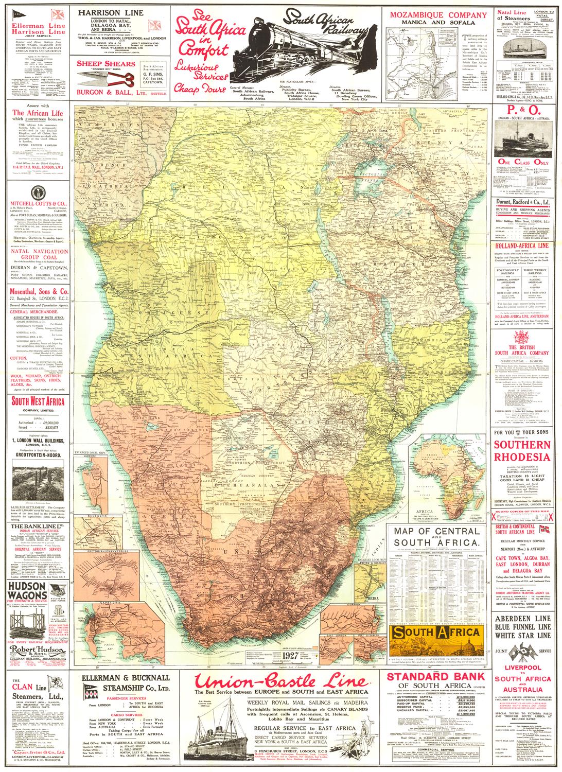 Map of South Africa with historical advertisements and text on a white background