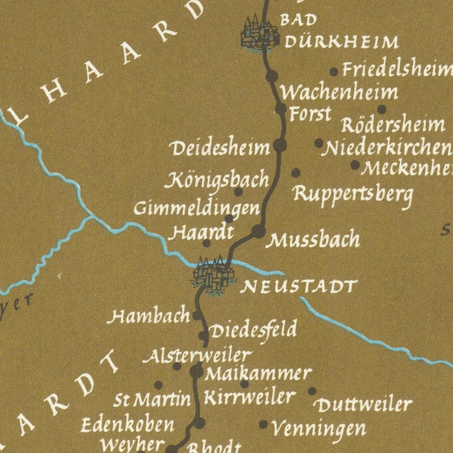Map of a region with towns and rivers on a brown background