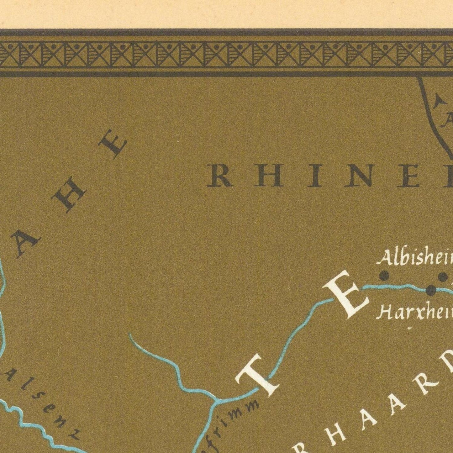 Vintage map section of the Rhine River with text and decorative elements on a brown background