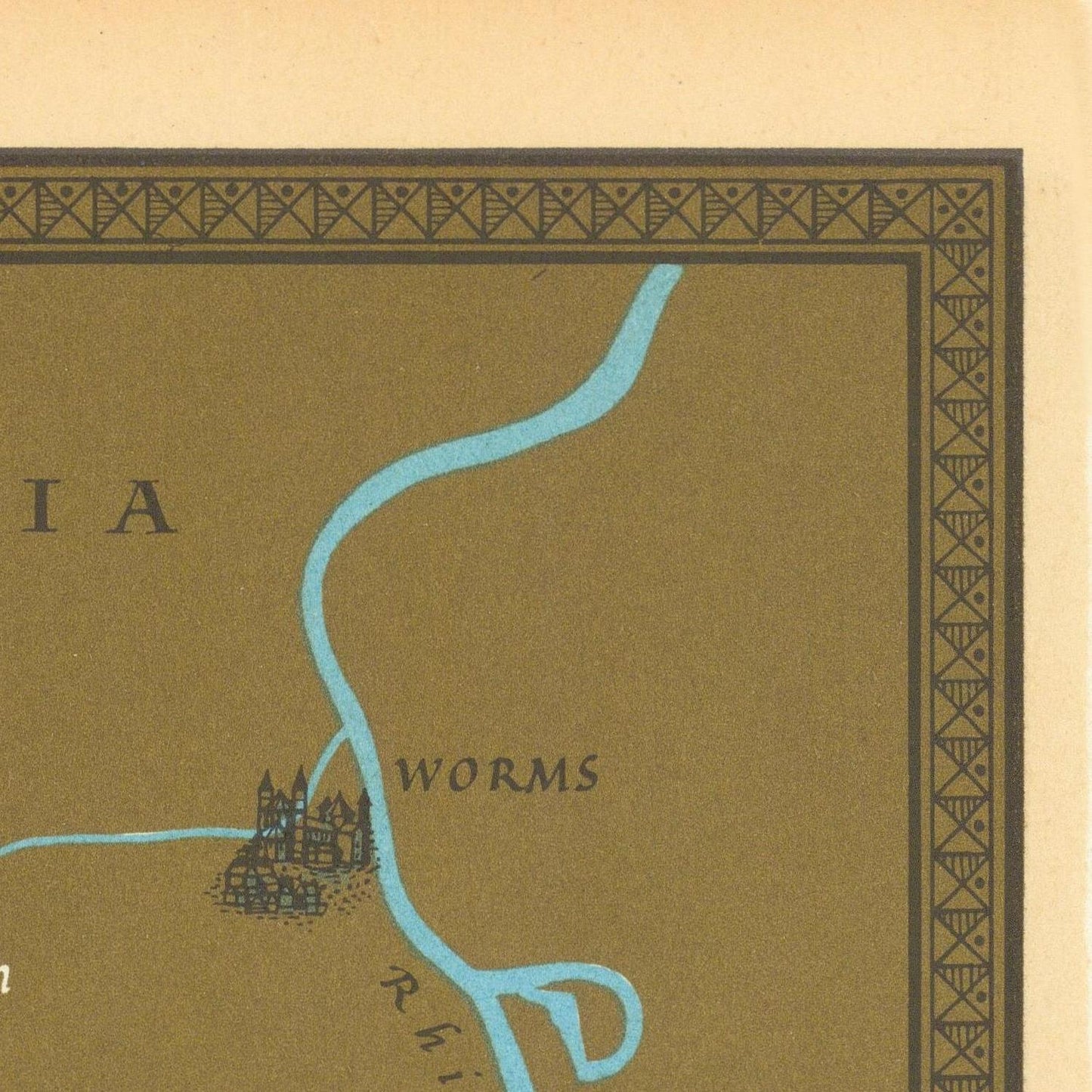 Vintage map detail with a river and city labeled 'Worms' on a beige background.