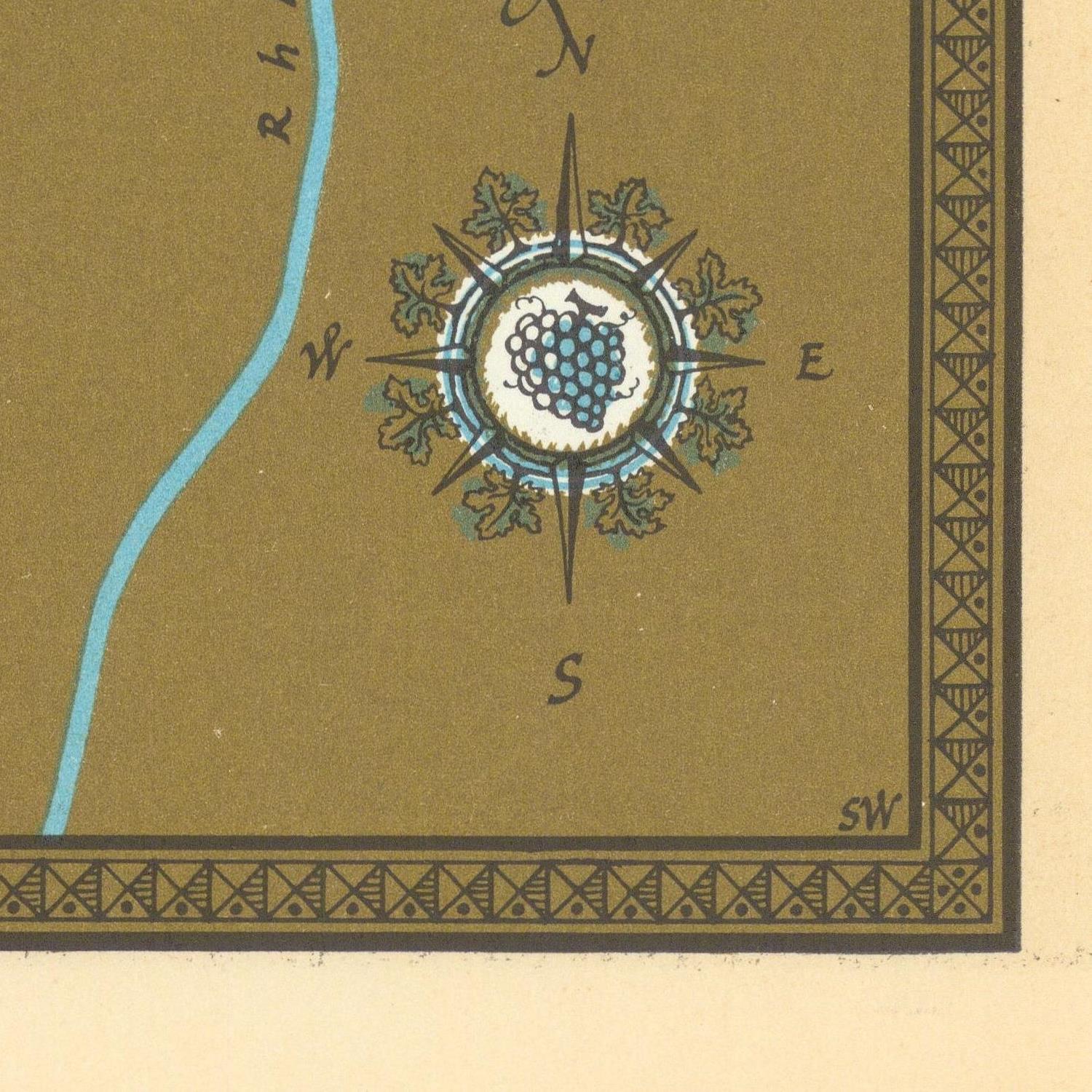 Map with a compass rose and grapevine symbol on a brown background