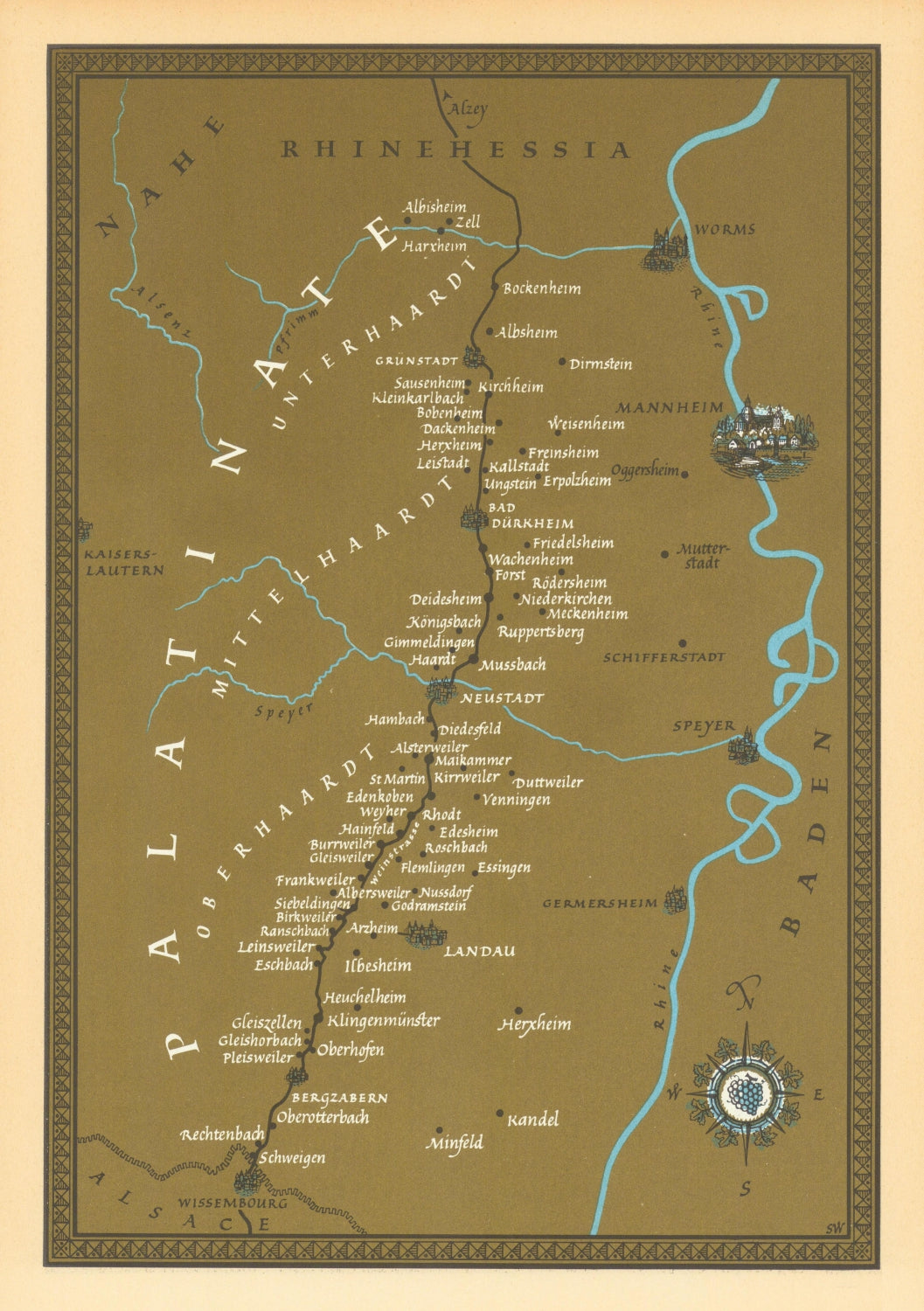 Vintage-style map of a region with text and geographical features on a beige background