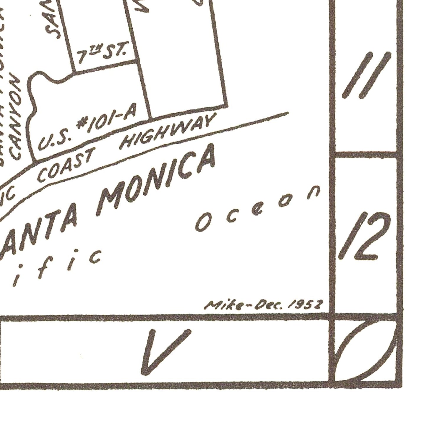 Vintage map of Santa Monica with labeled streets and directions.