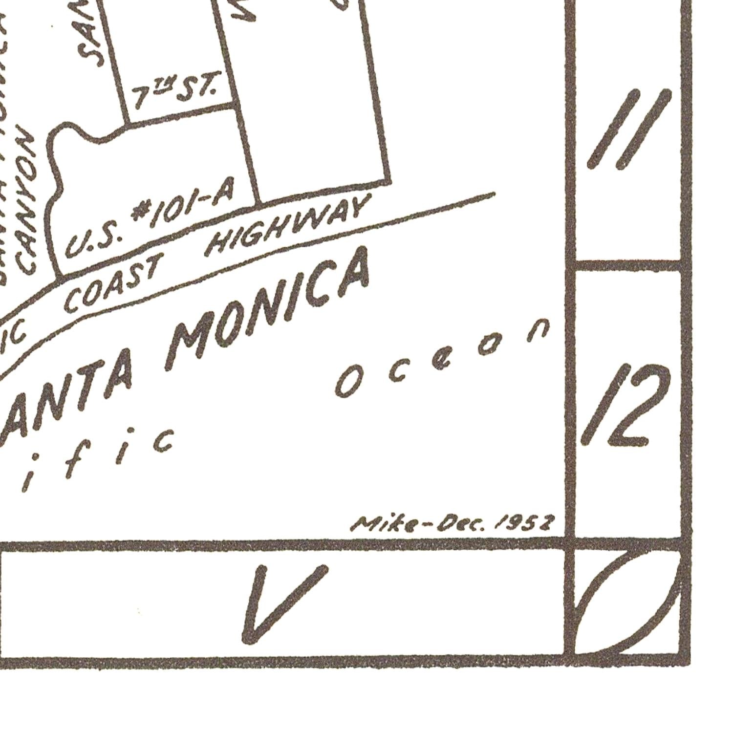 Vintage map of Santa Monica with labeled streets and directions.
