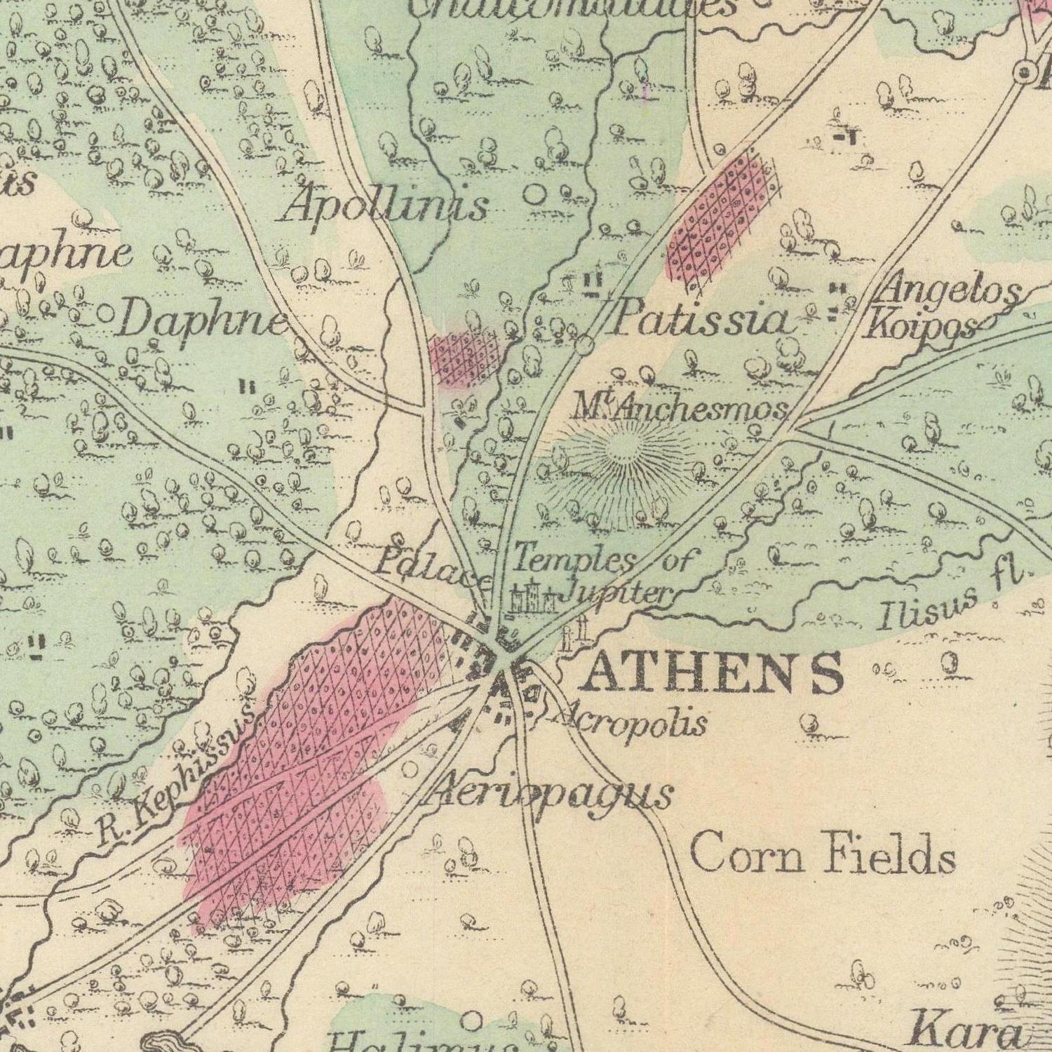 Vintage map of Athens with labeled locations and colors