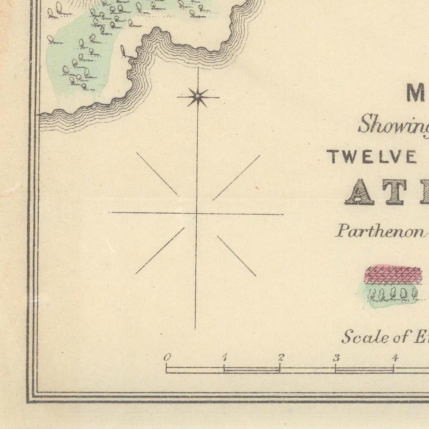 Vintage map with compass rose and scale, featuring classical architecture elements.