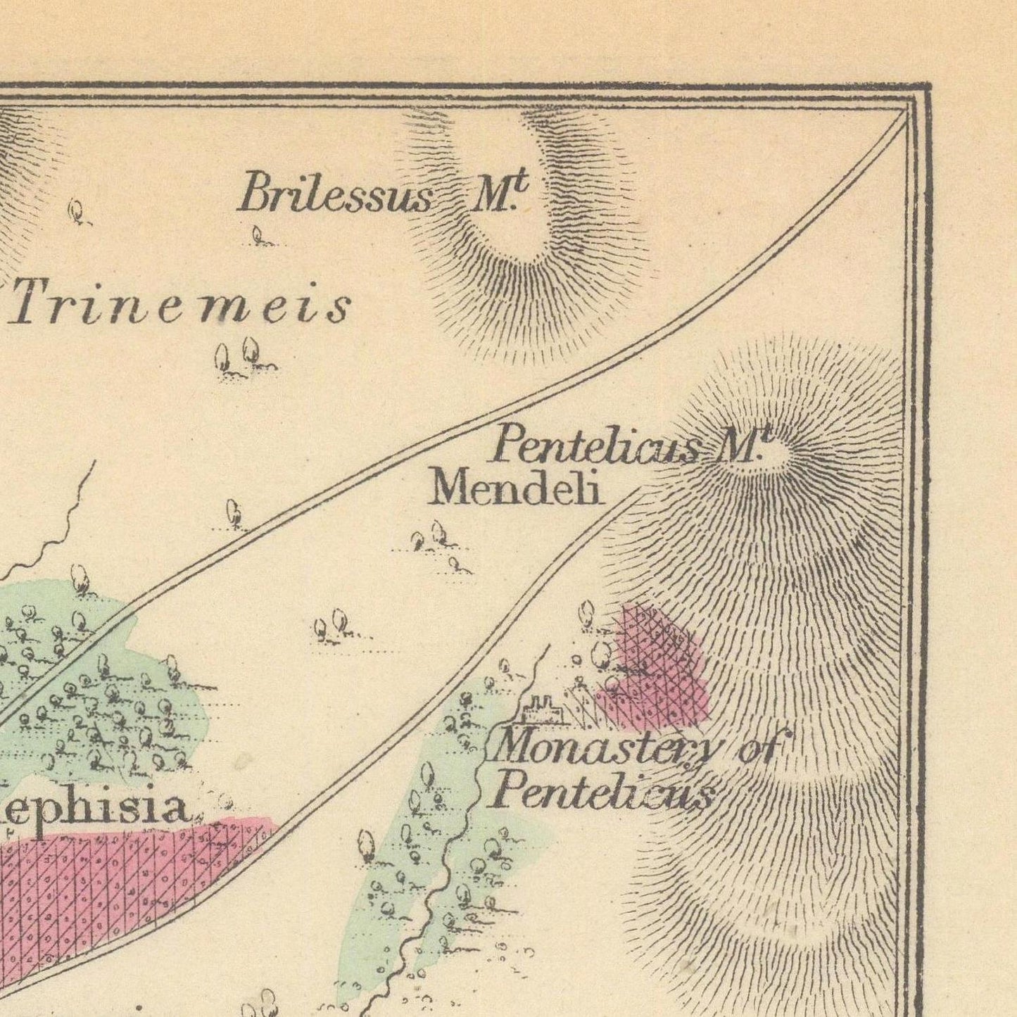 Vintage map with labeled geographical features and a monastery marking