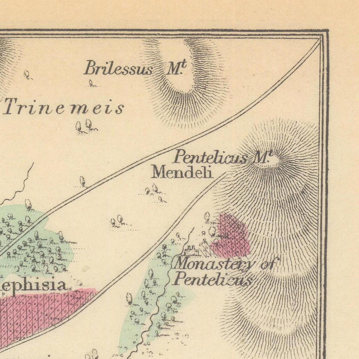 Vintage map with labeled geographical features and a monastery marking