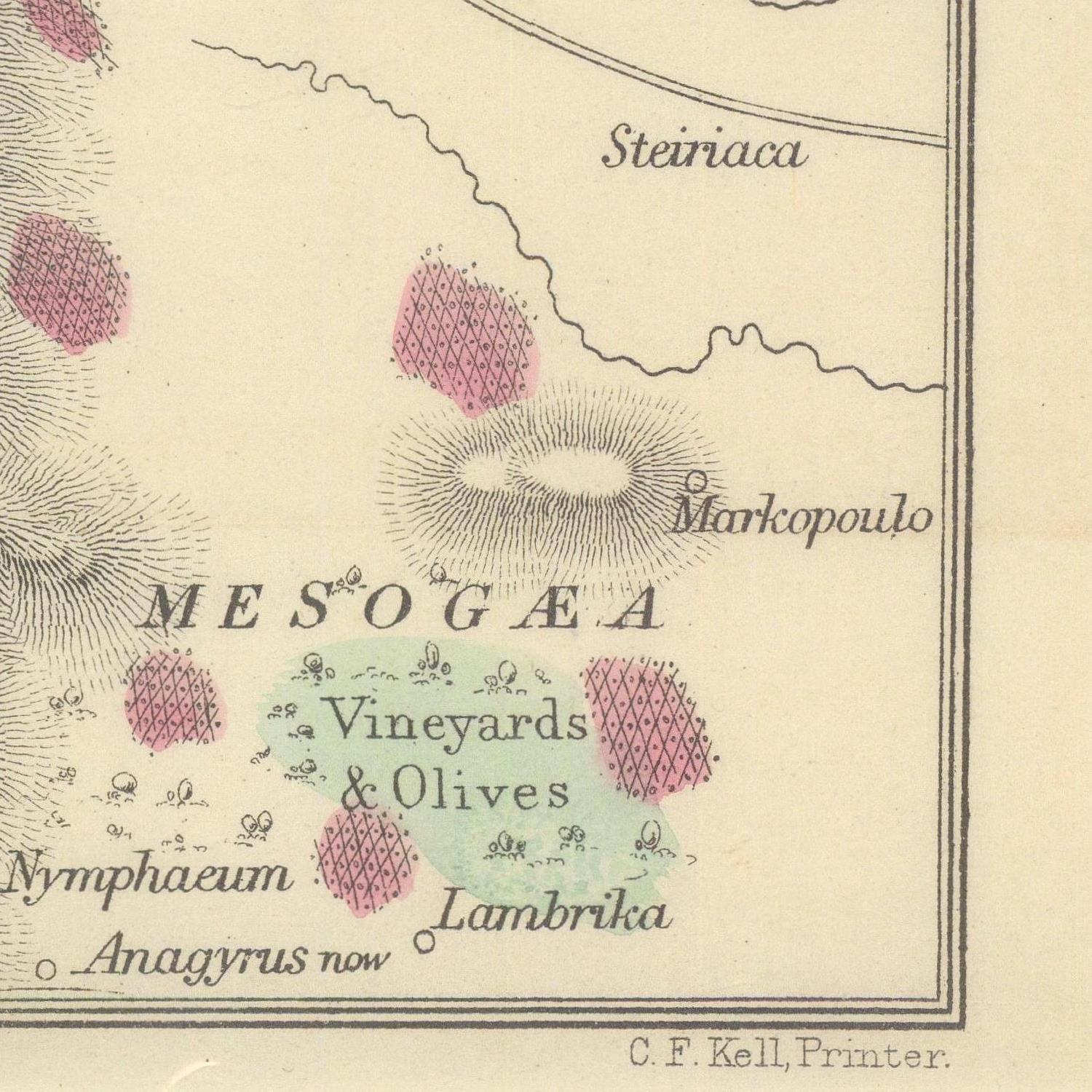Vintage map of Mesogea with labeled regions and a decorative border.