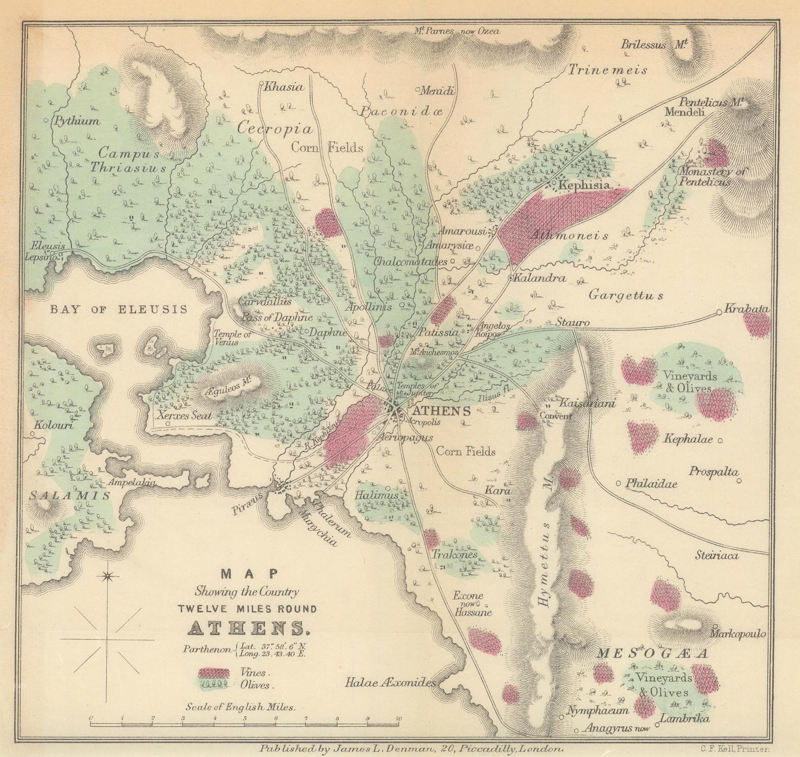 Vintage map of Athens and surrounding areas with labeled regions.