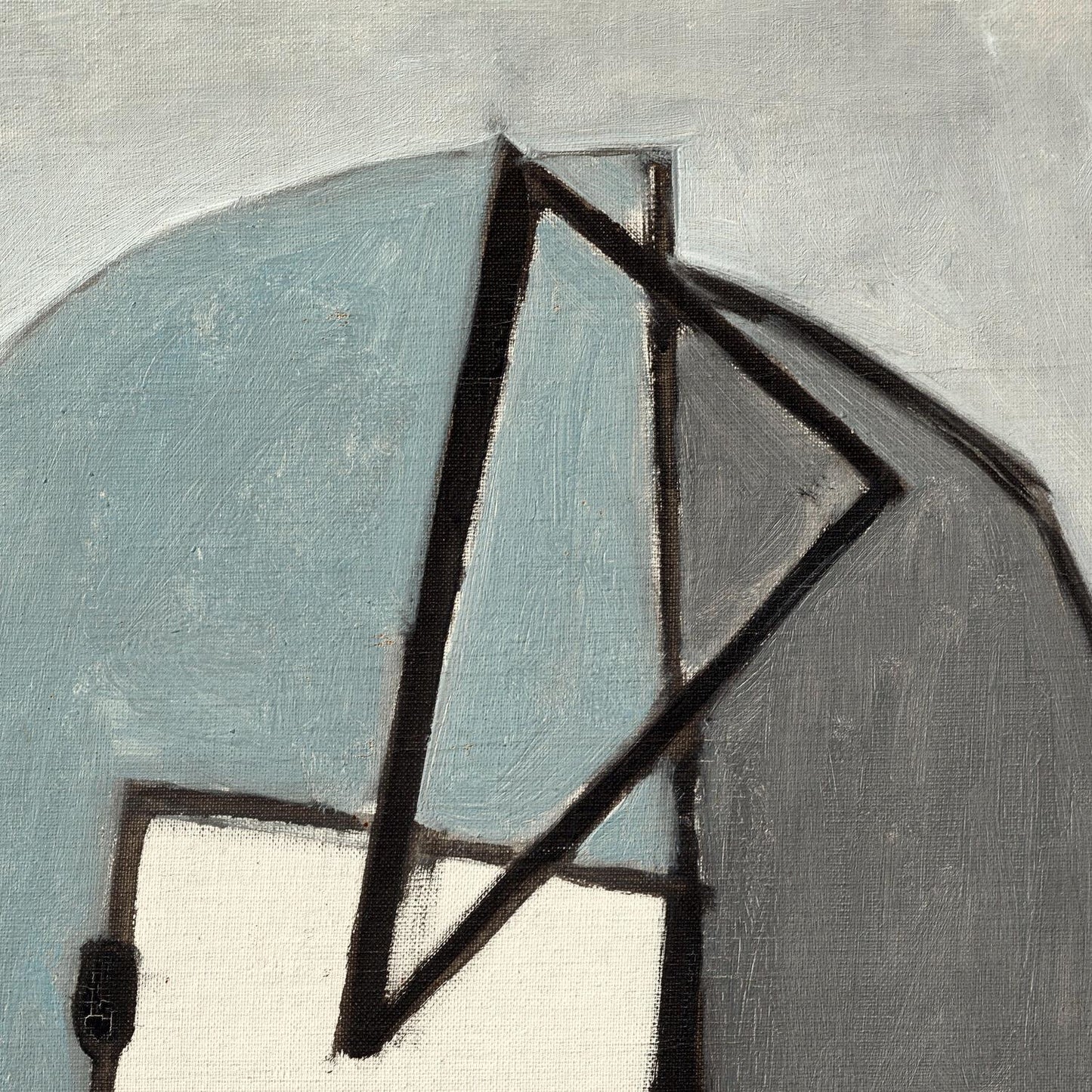 Abstract art with geometric shapes in black, white, and gray on a textured background
