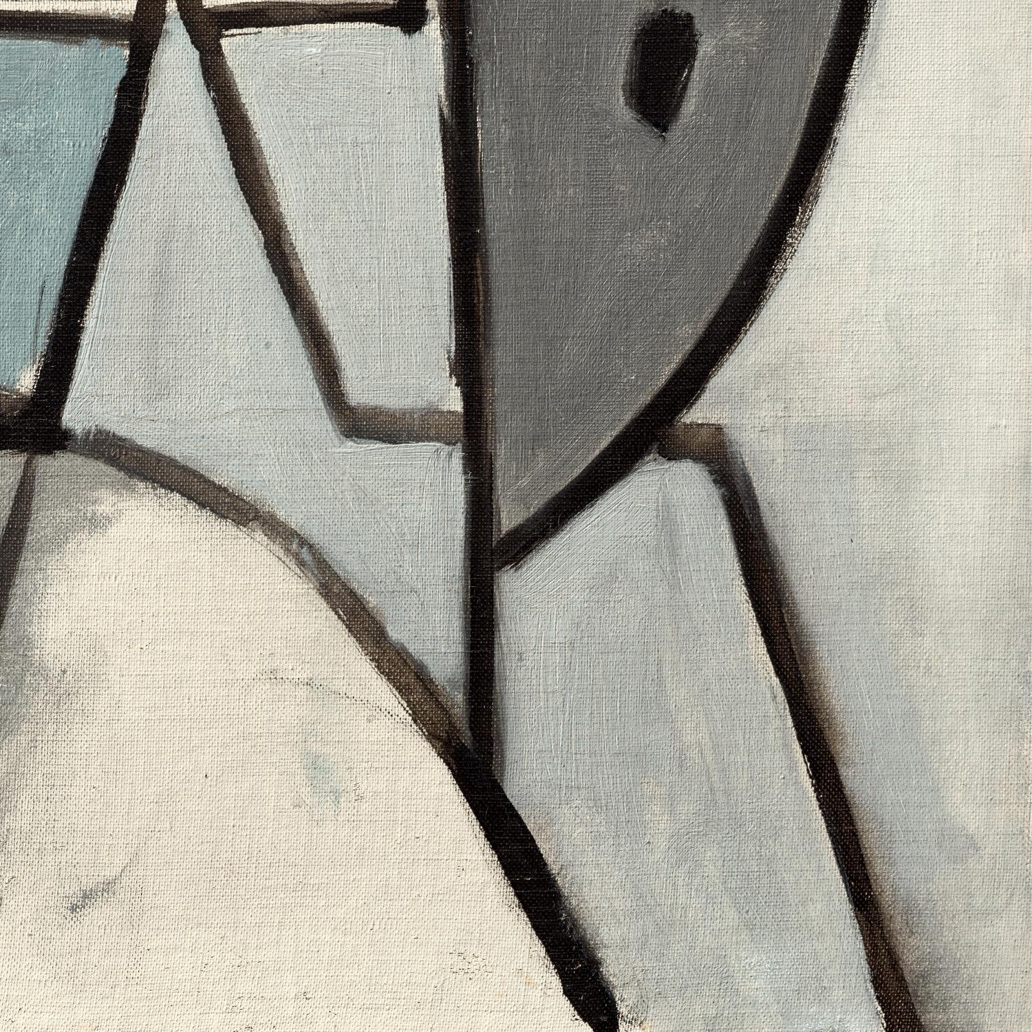Abstract art with geometric shapes in gray, black, and white.