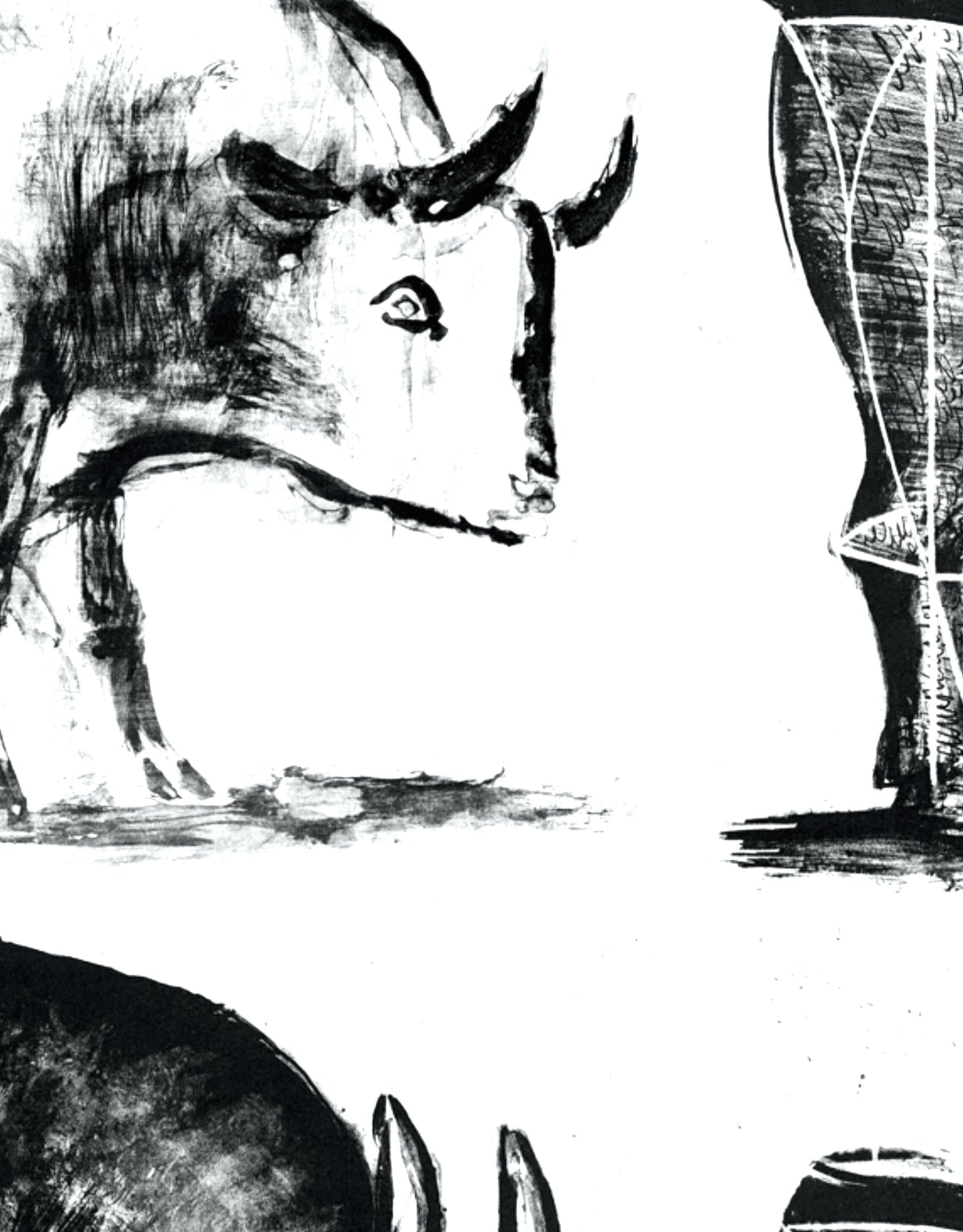 Black and white illustration of a bull with a large hoof.