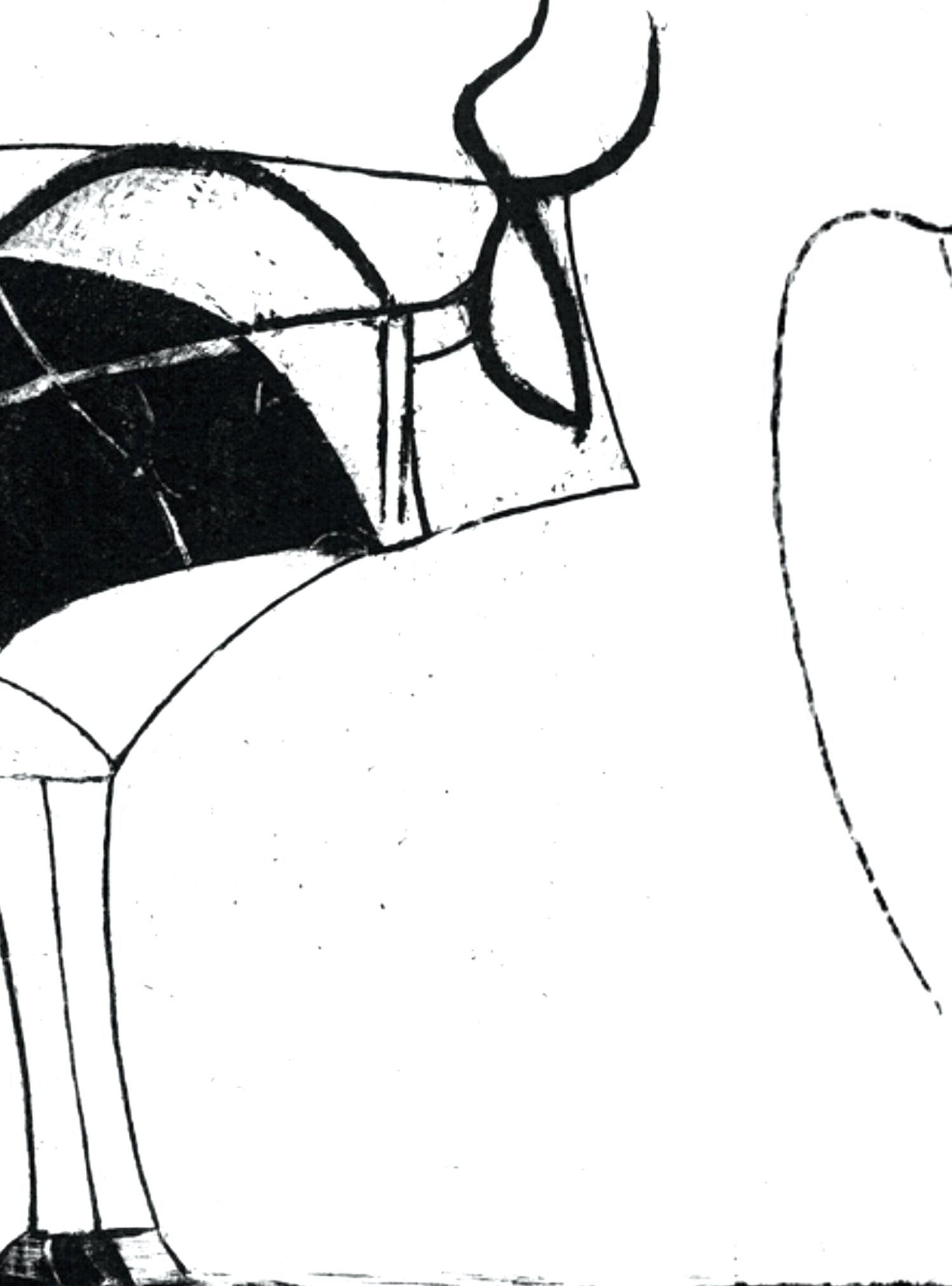 Black and white abstract drawing of a figure with a prominent head and minimalistic design.