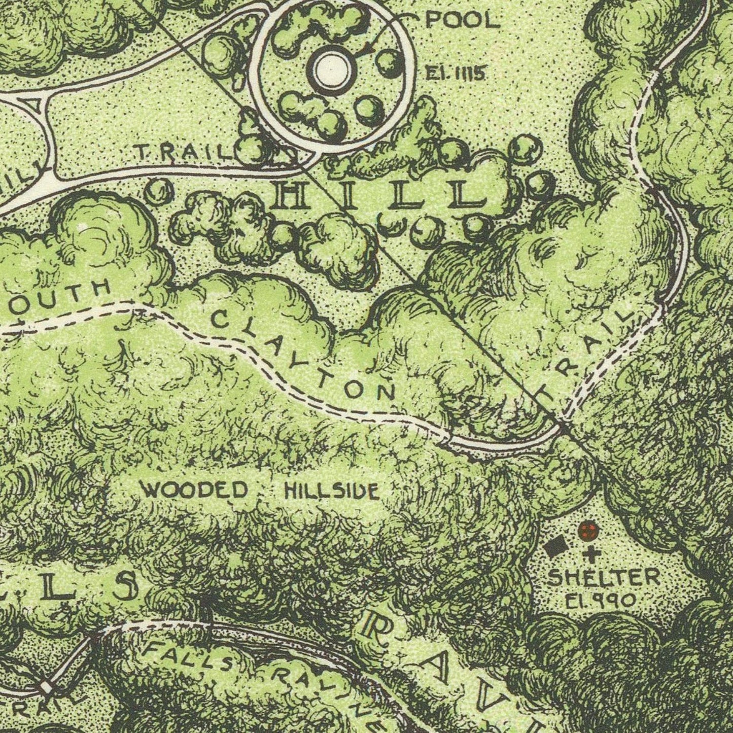 Vintage topographic map of a wooded area with trail names and elevations.