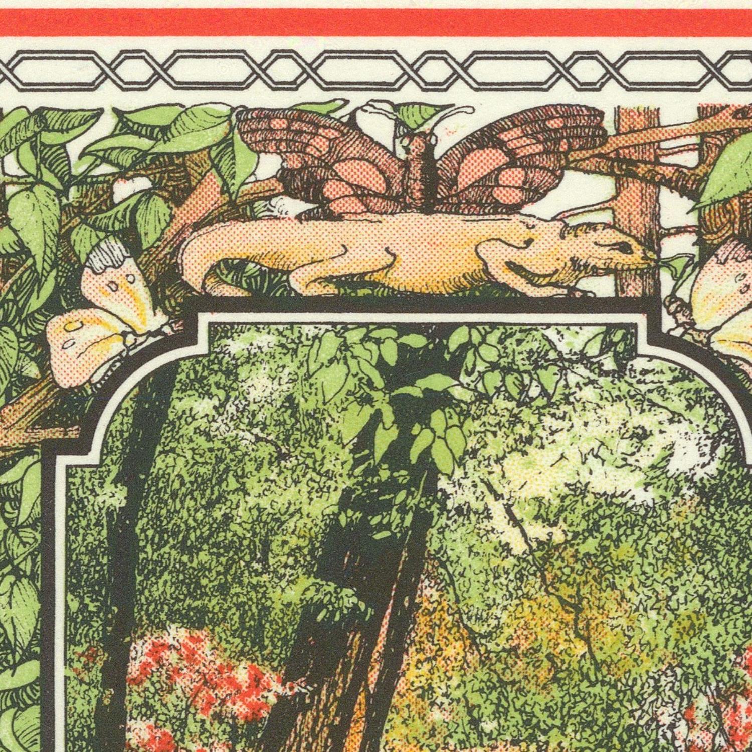 Illustration of a lizard among leaves and flowers with a decorative border.